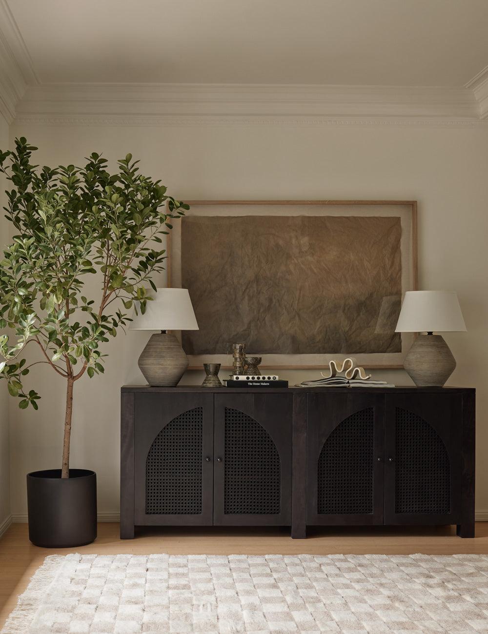 Contemporary Black Mango Wood & Iron Sideboard with Arched Cane Panels