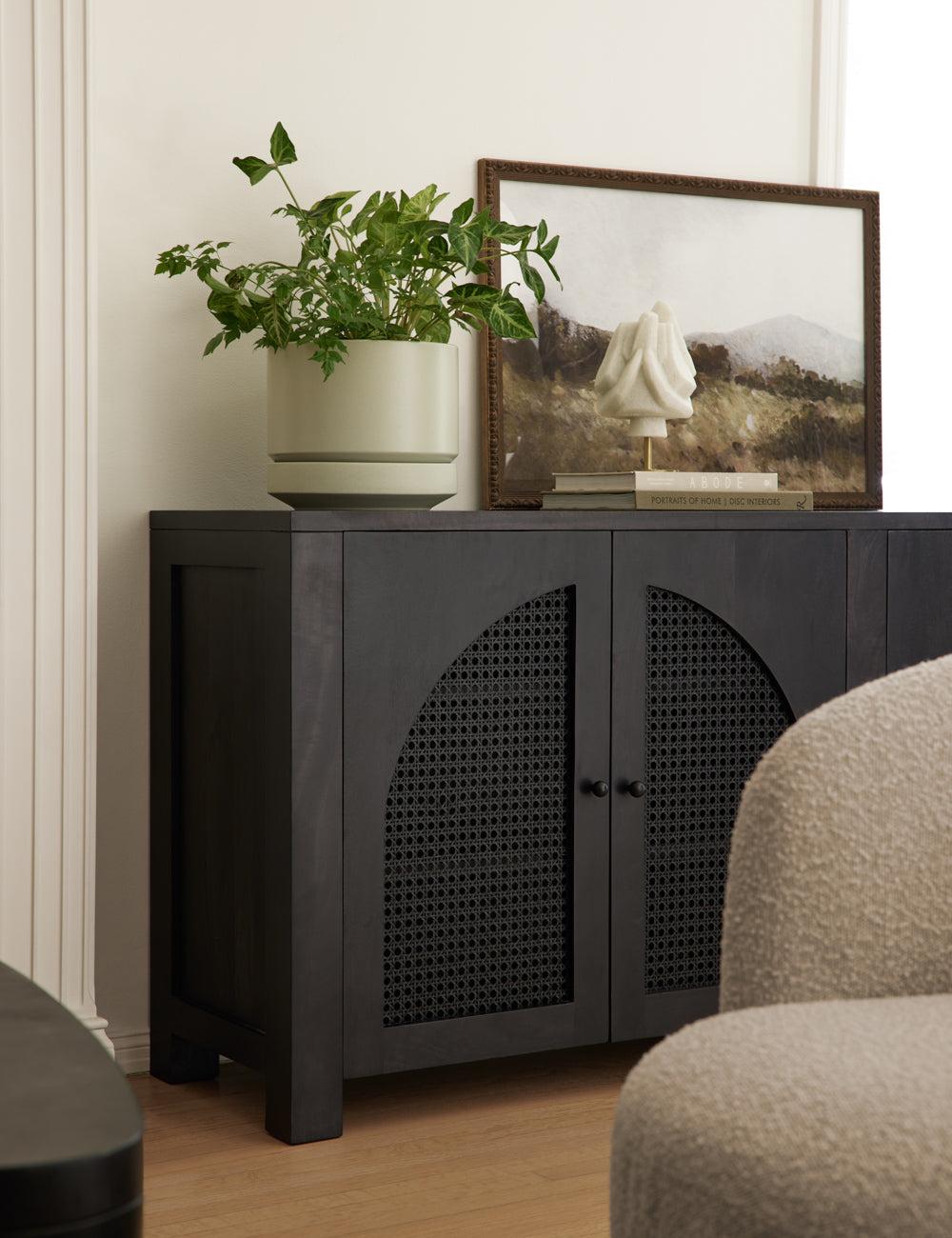 Contemporary Black Mango Wood & Iron Sideboard with Arched Cane Panels