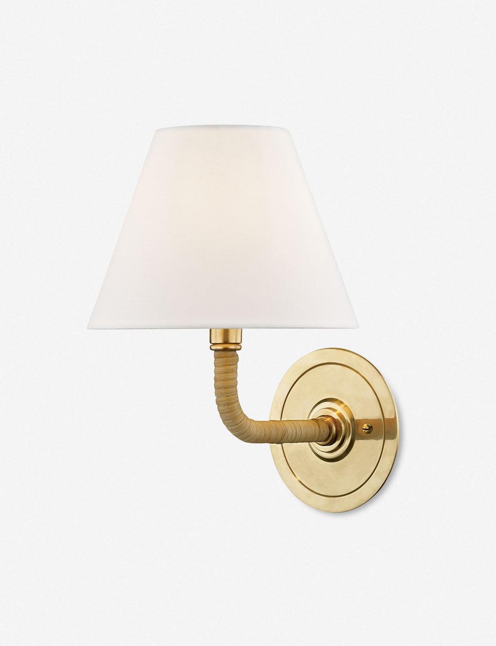 Curves No.1 Aged Brass Single Light Wall Sconce with Off-White Linen Shade