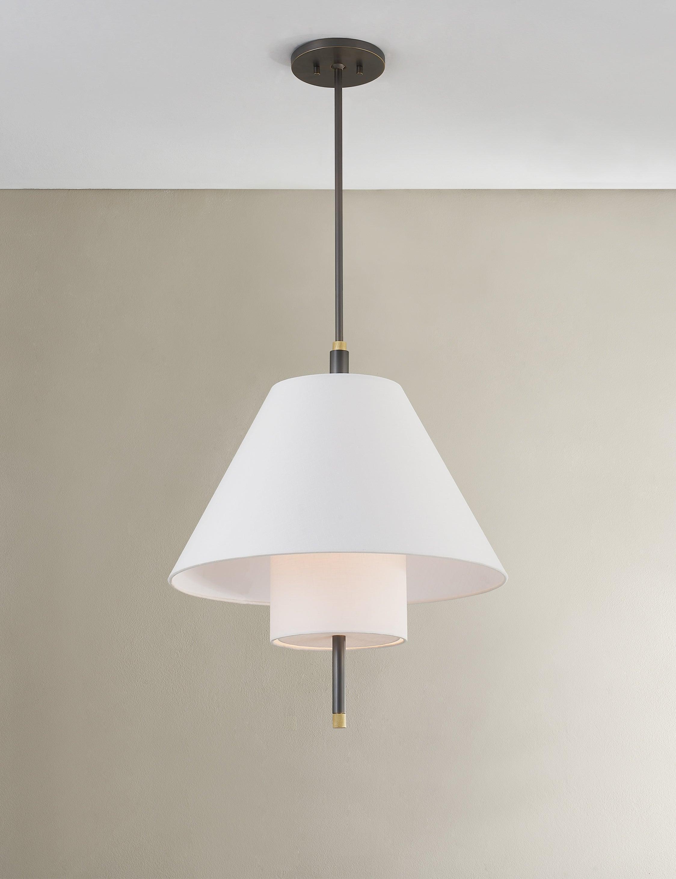 Elegant Aged Brass 1-Light Pendant with Belgian Linen Shade