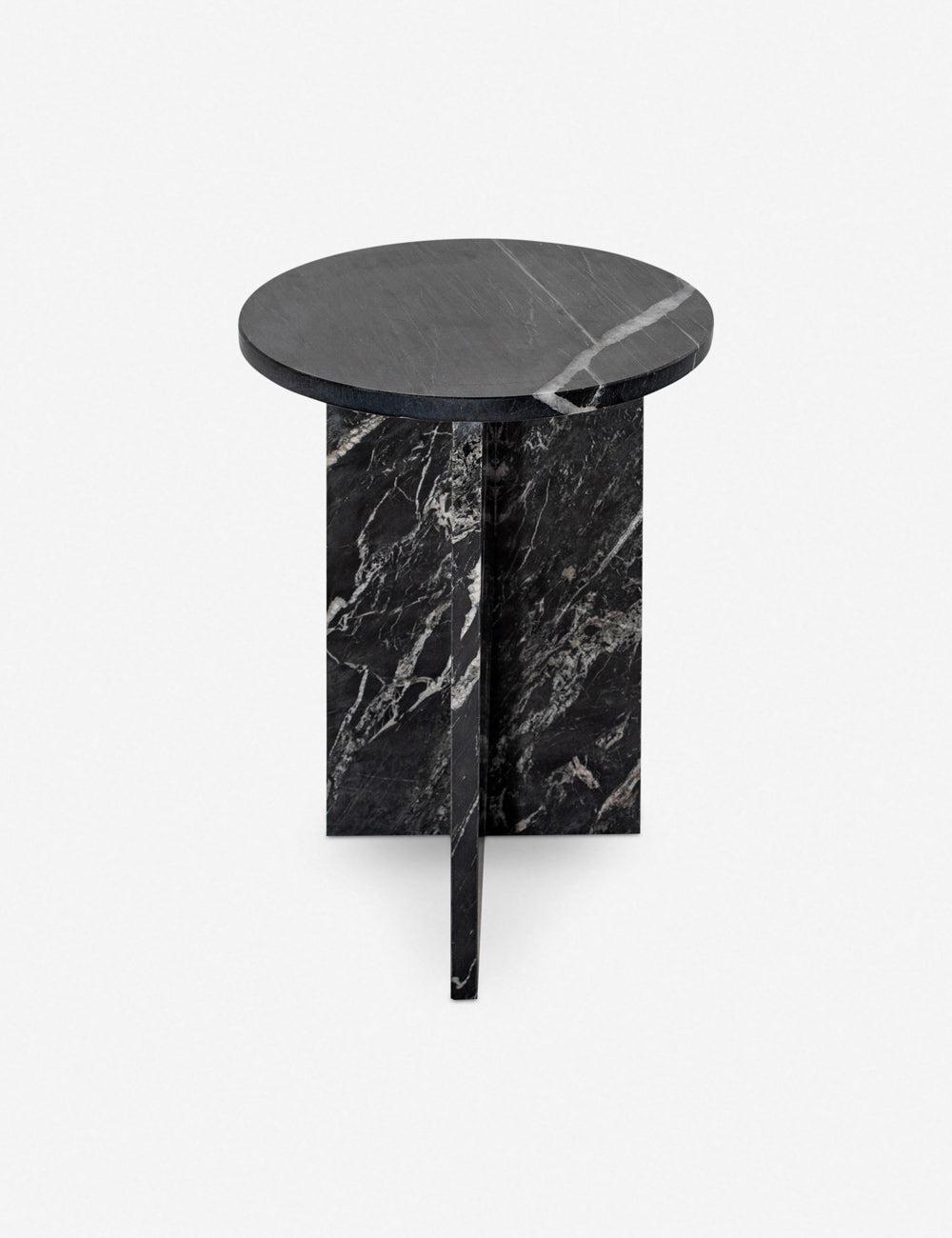 Biagio 14" Round Black Marble & Wood Side Table