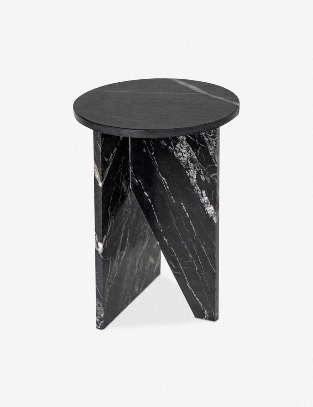 Biagio 14" Round Black Marble & Wood Side Table