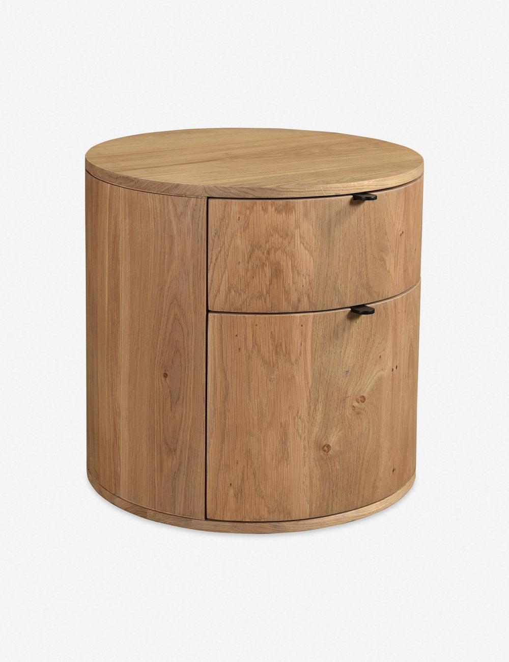 Scandinavian Solid Oak 2-Drawer Round Nightstand in Natural Brown