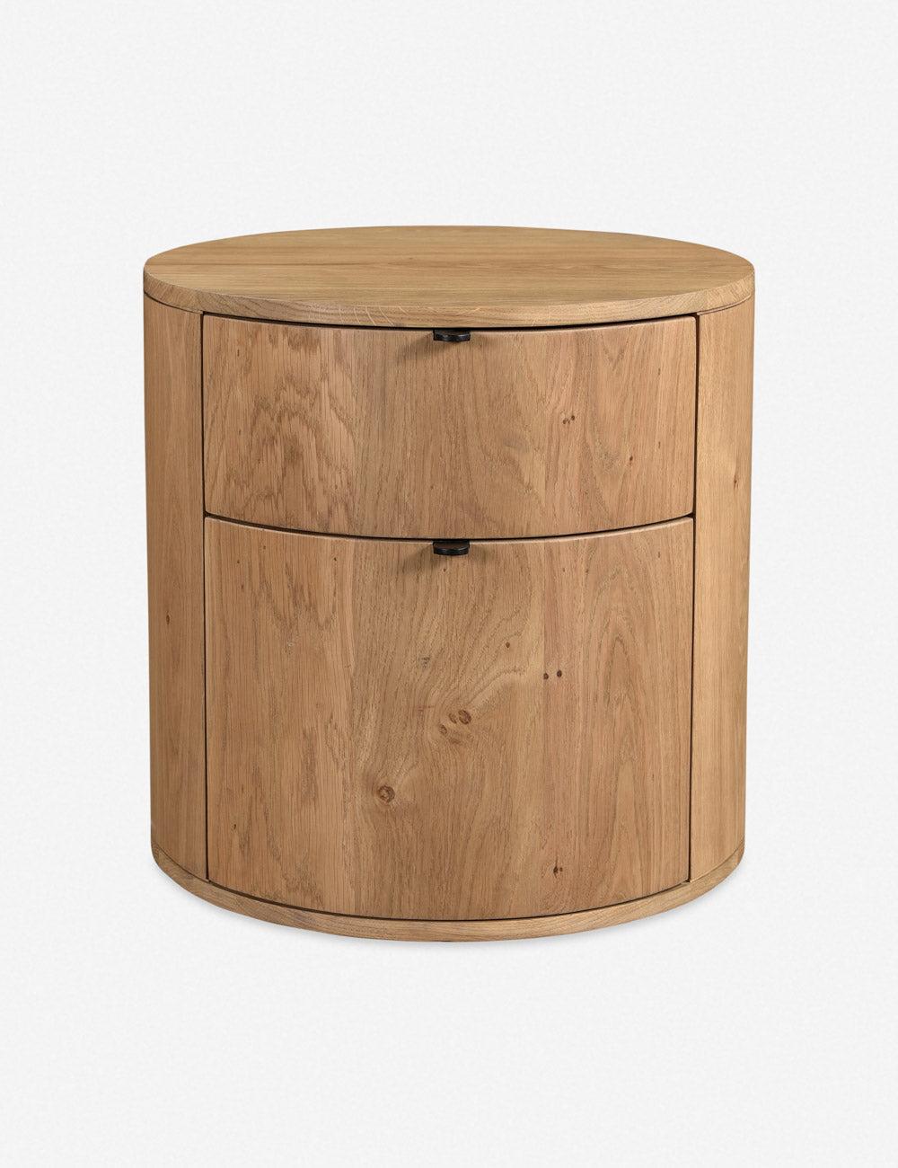 Scandinavian Solid Oak 2-Drawer Round Nightstand in Natural Brown