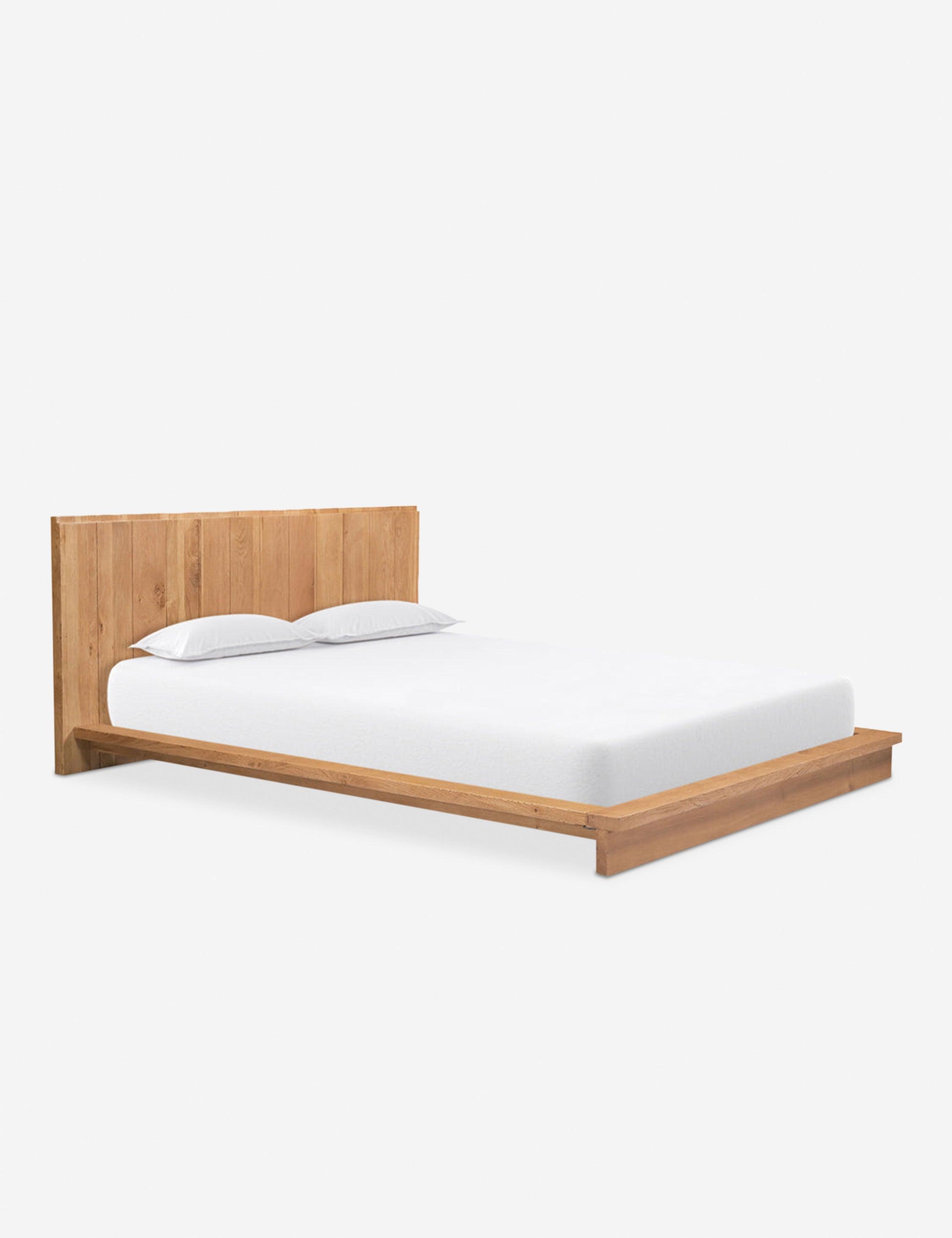 Mid-Century Modern Oak Queen Platform Bed with Slatted Headboard