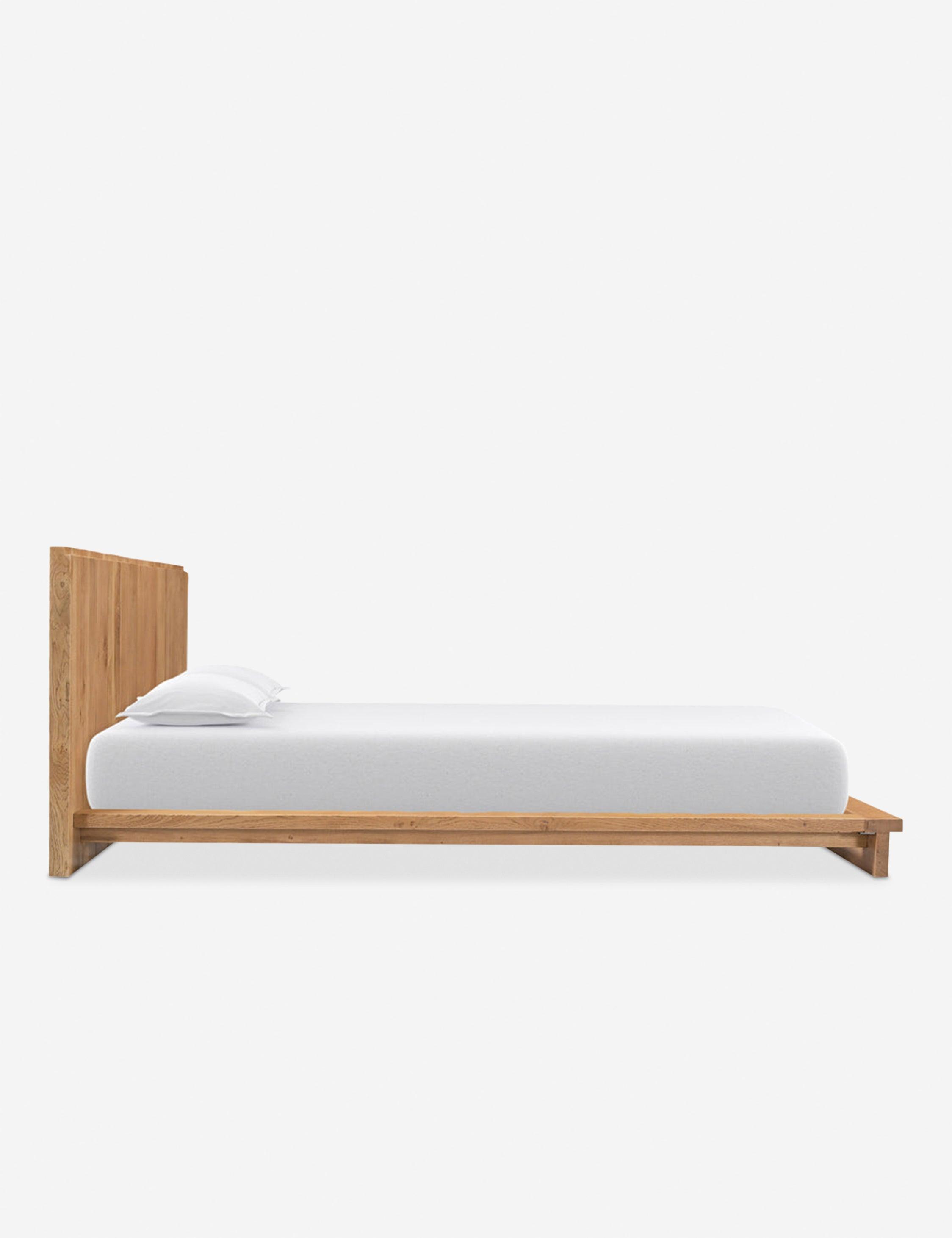 Mid-Century Modern Oak Queen Platform Bed with Slatted Headboard