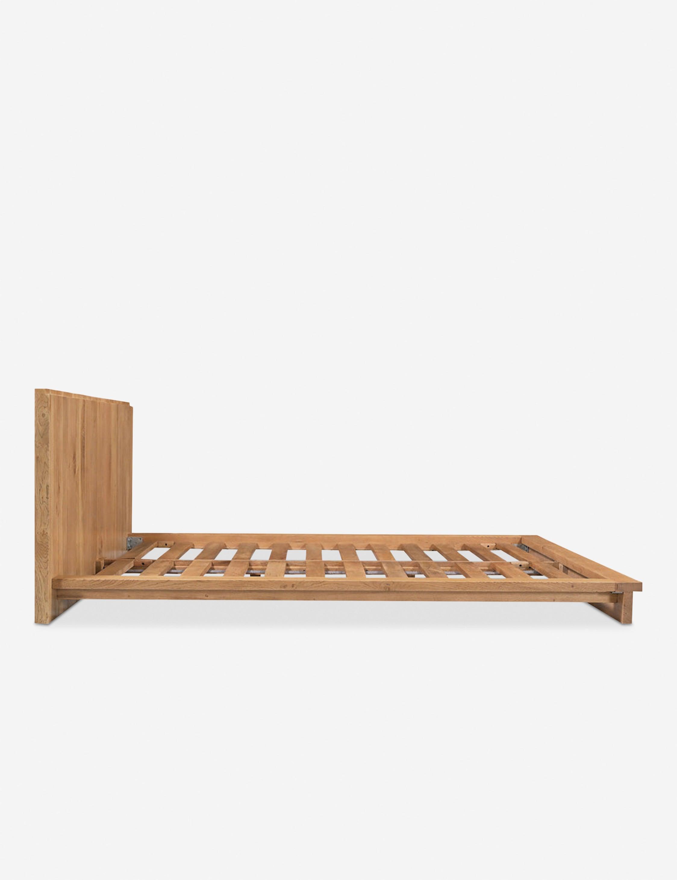 Mid-Century Modern Oak Queen Platform Bed with Slatted Headboard