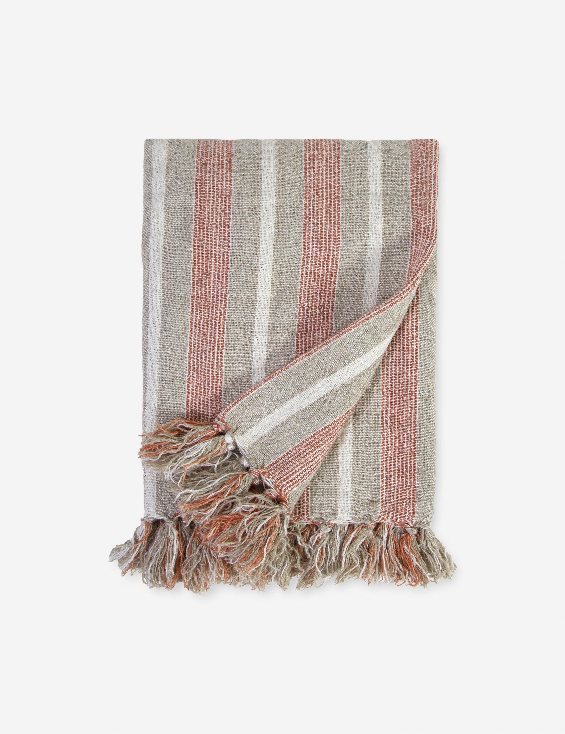 Montecito Terra Cotta and Natural Striped 100% Linen Oversized Throw with Tassels