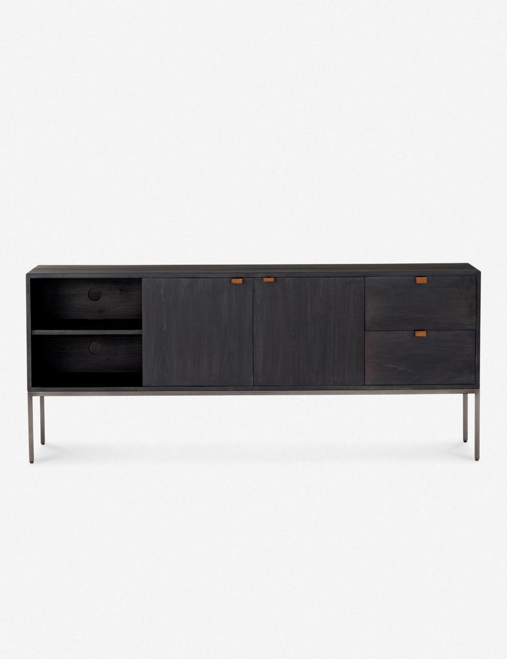 Contemporary Black Wash Poplar Media Console with Leather Pulls