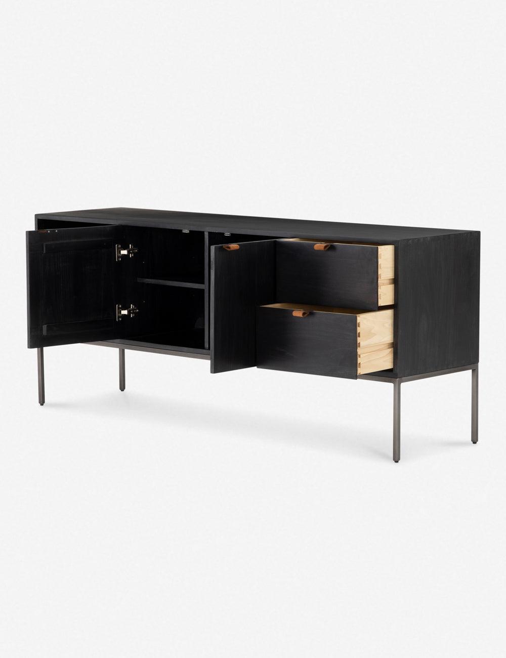 Contemporary Black Wash Poplar Media Console with Leather Pulls