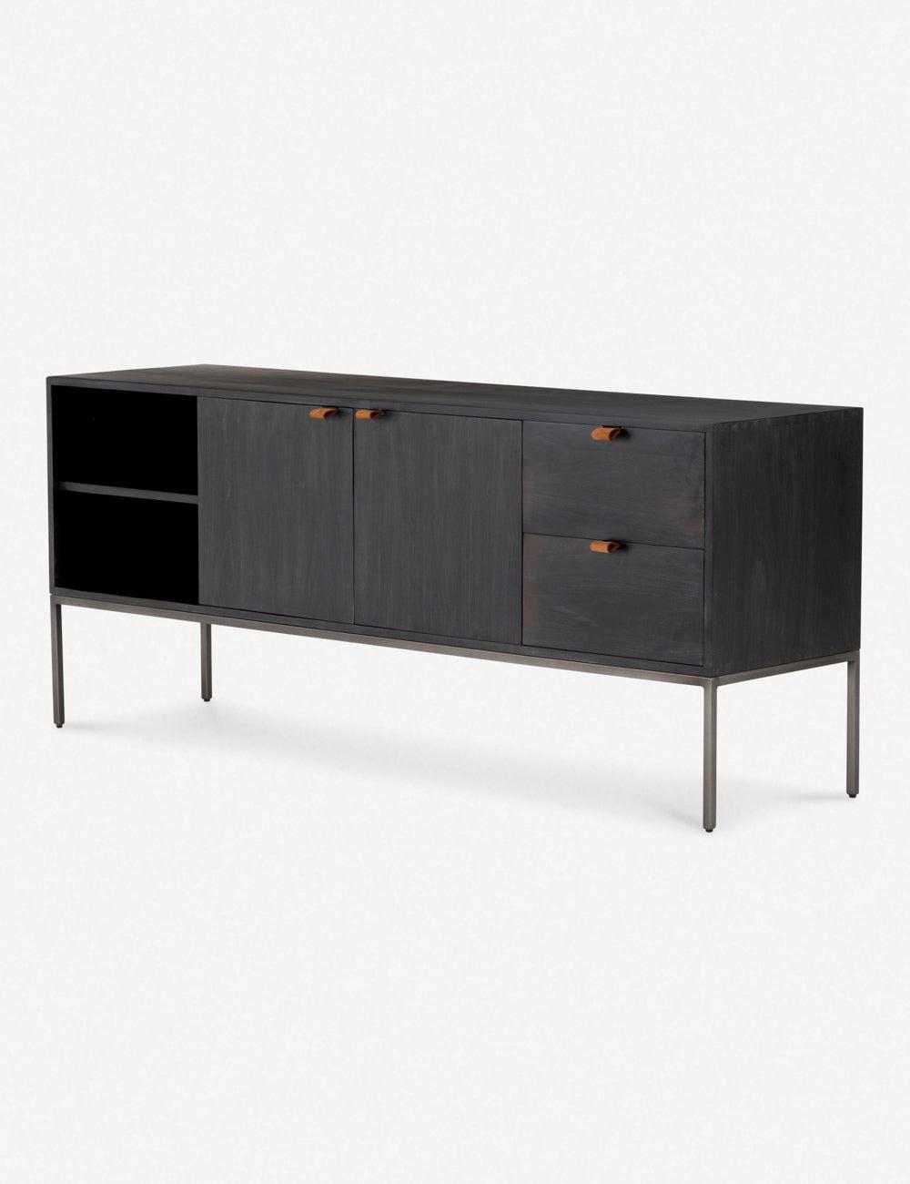 Contemporary Black Wash Poplar Media Console with Leather Pulls