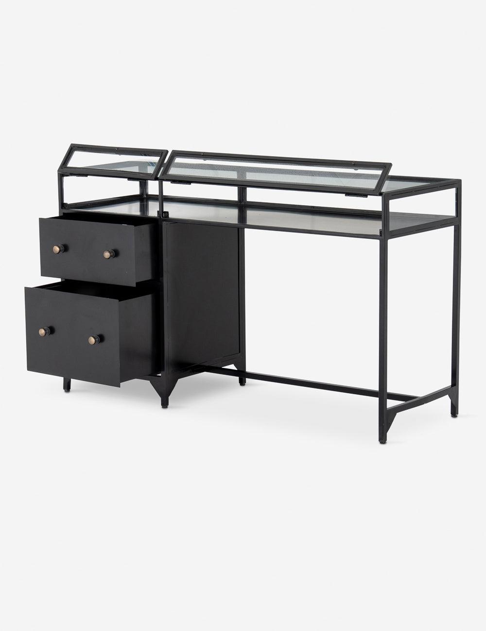 Contemporary Black Iron & Glass Home Office Desk with Drawer