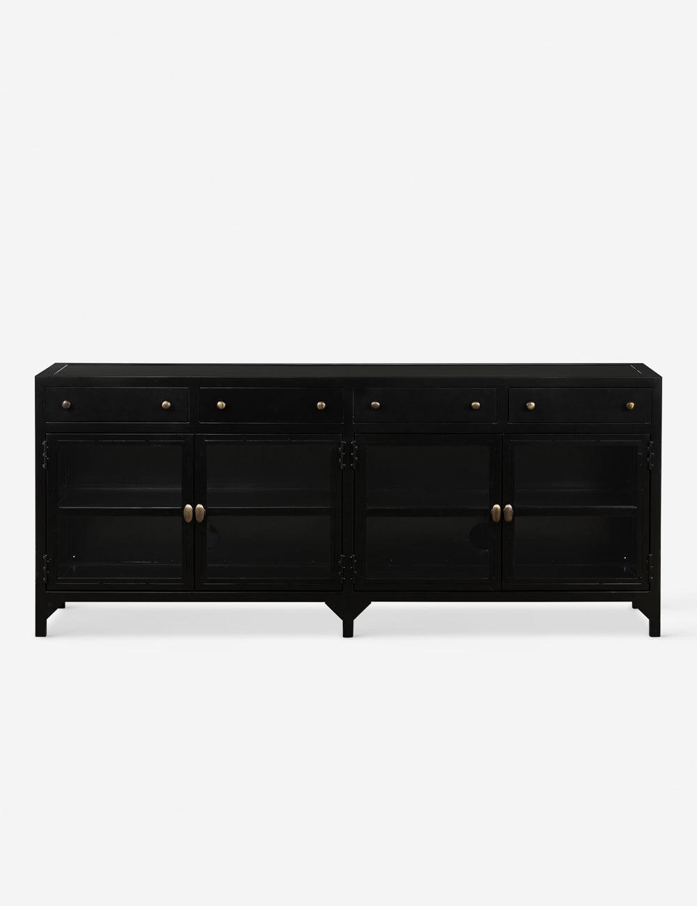 Malcom Shadow Box Design Black Iron Media Console with Glass Doors