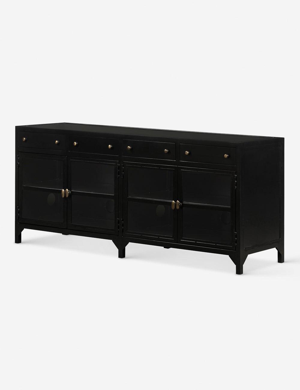 Malcom Shadow Box Design Black Iron Media Console with Glass Doors