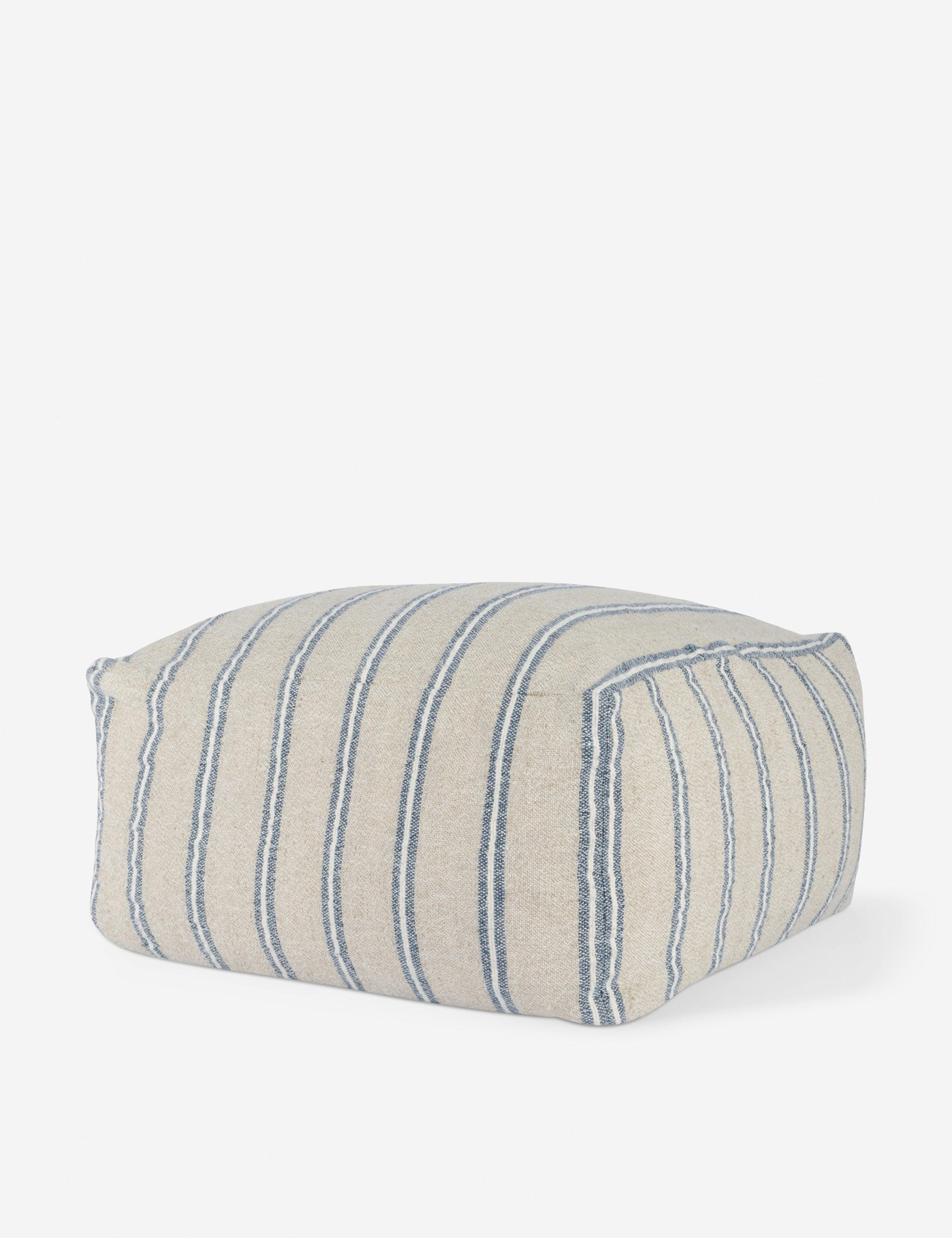 Cozy Coastal Blue-and-White Striped Linen-Cotton Pouf