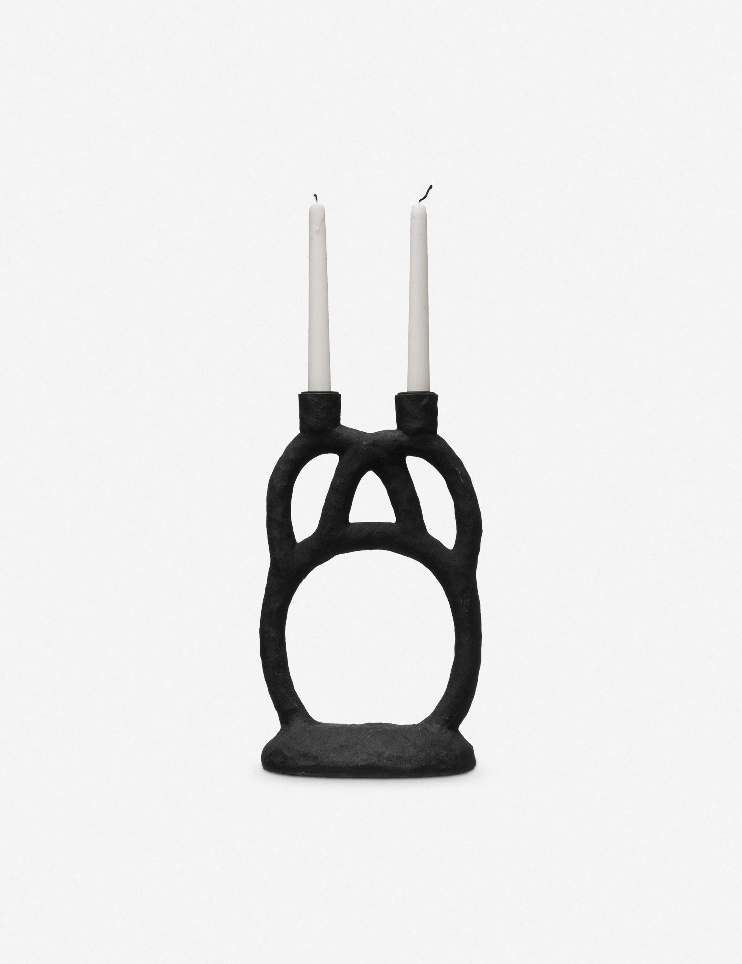 Sculptural Matte Black 11.5" Resin Double Candlestick