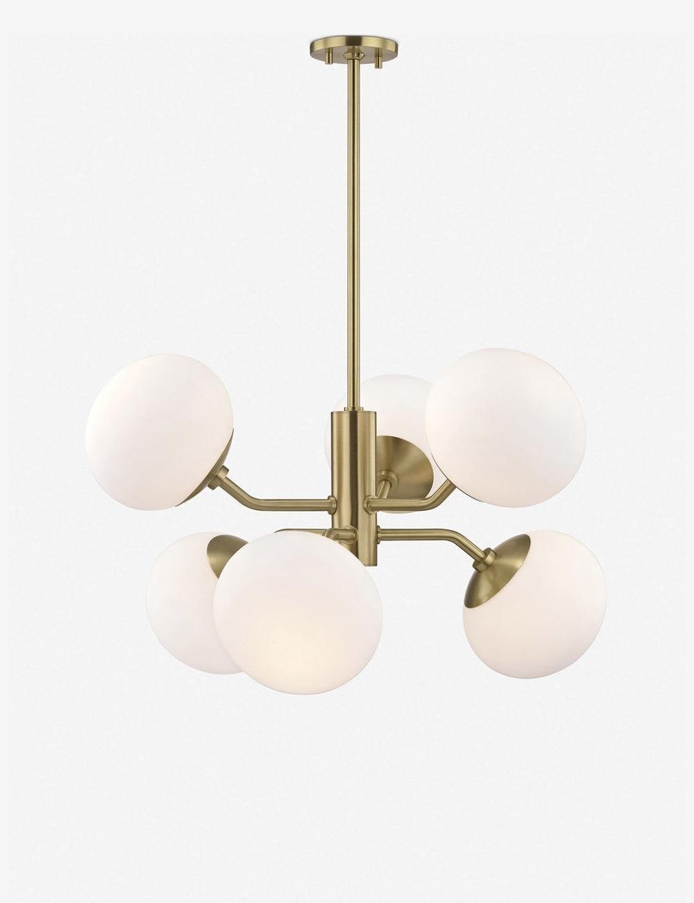 Ainsley Transitional Globe Chandelier in Aged Brass with Frosted Glass