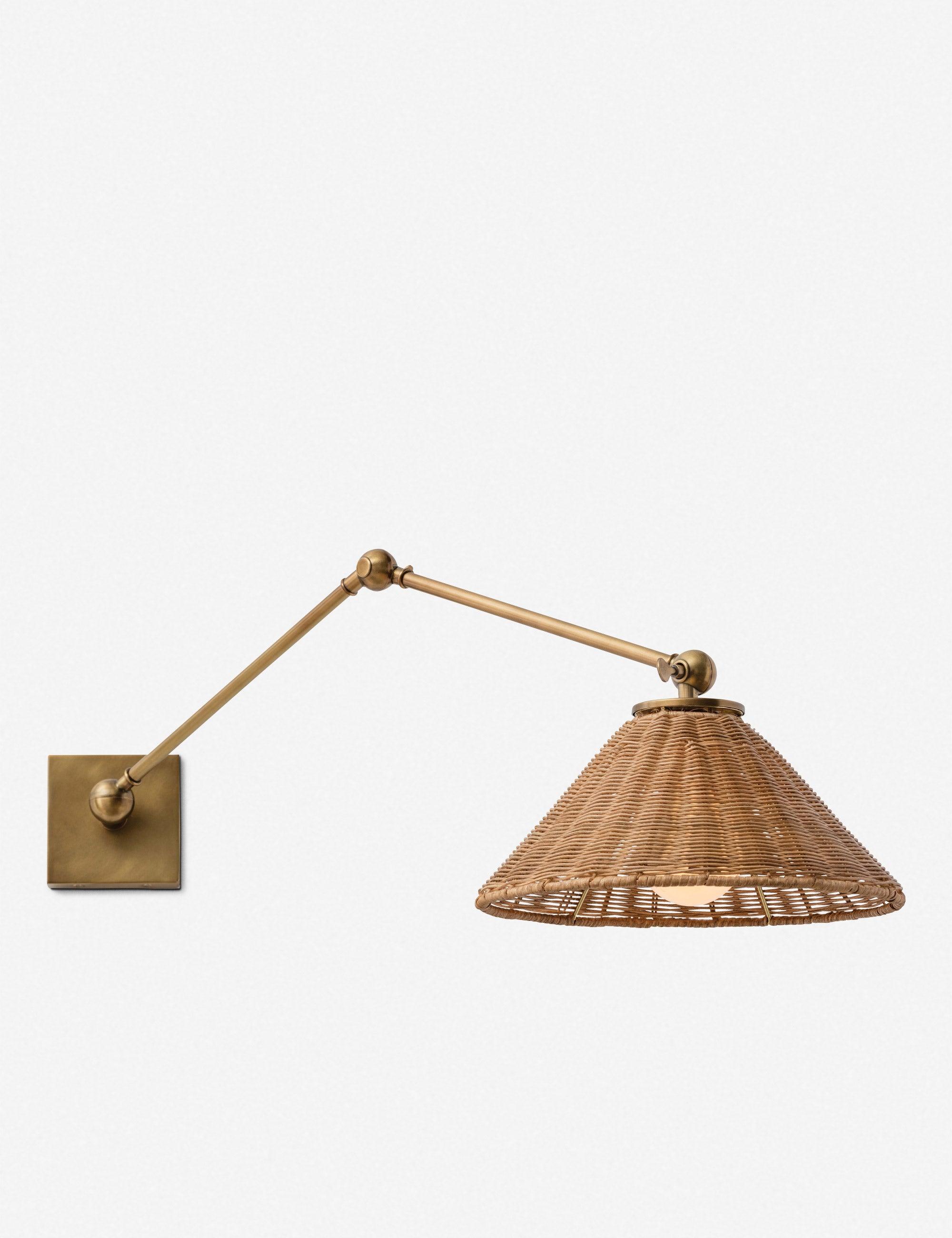 Antique Brass Dimmable Swing Arm Sconce with Woven Rattan Shade