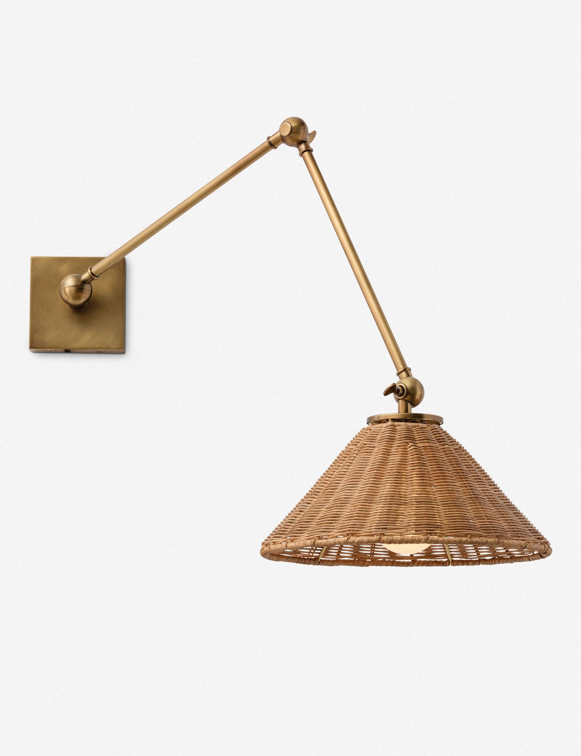 Antique Brass Dimmable Swing Arm Sconce with Woven Rattan Shade