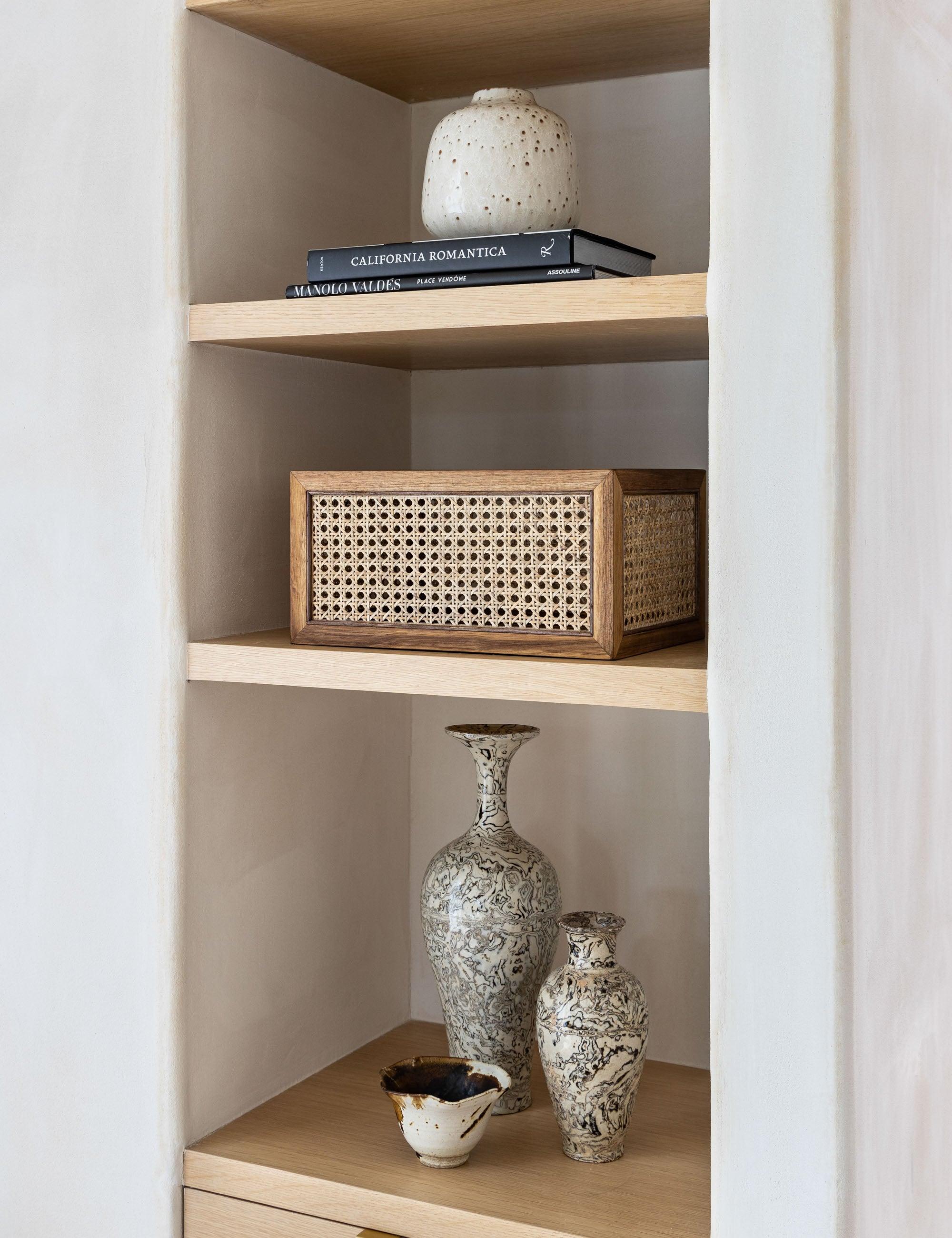 Acacia Wood and Rattan Cane 10" Storage Bin with Felt Bottom