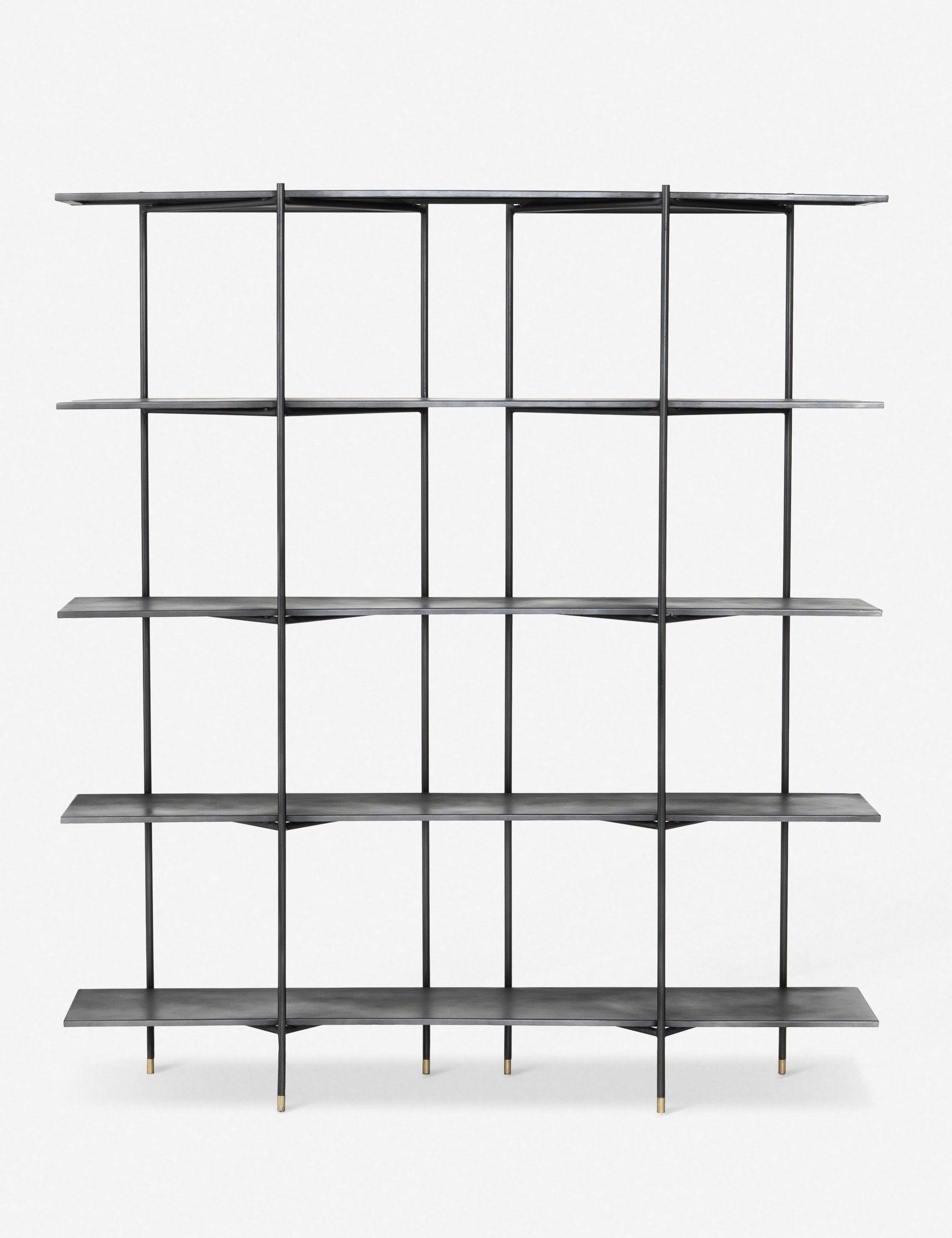 Cait Wide Industrial Black Iron Etagere Bookcase with Brass Accents