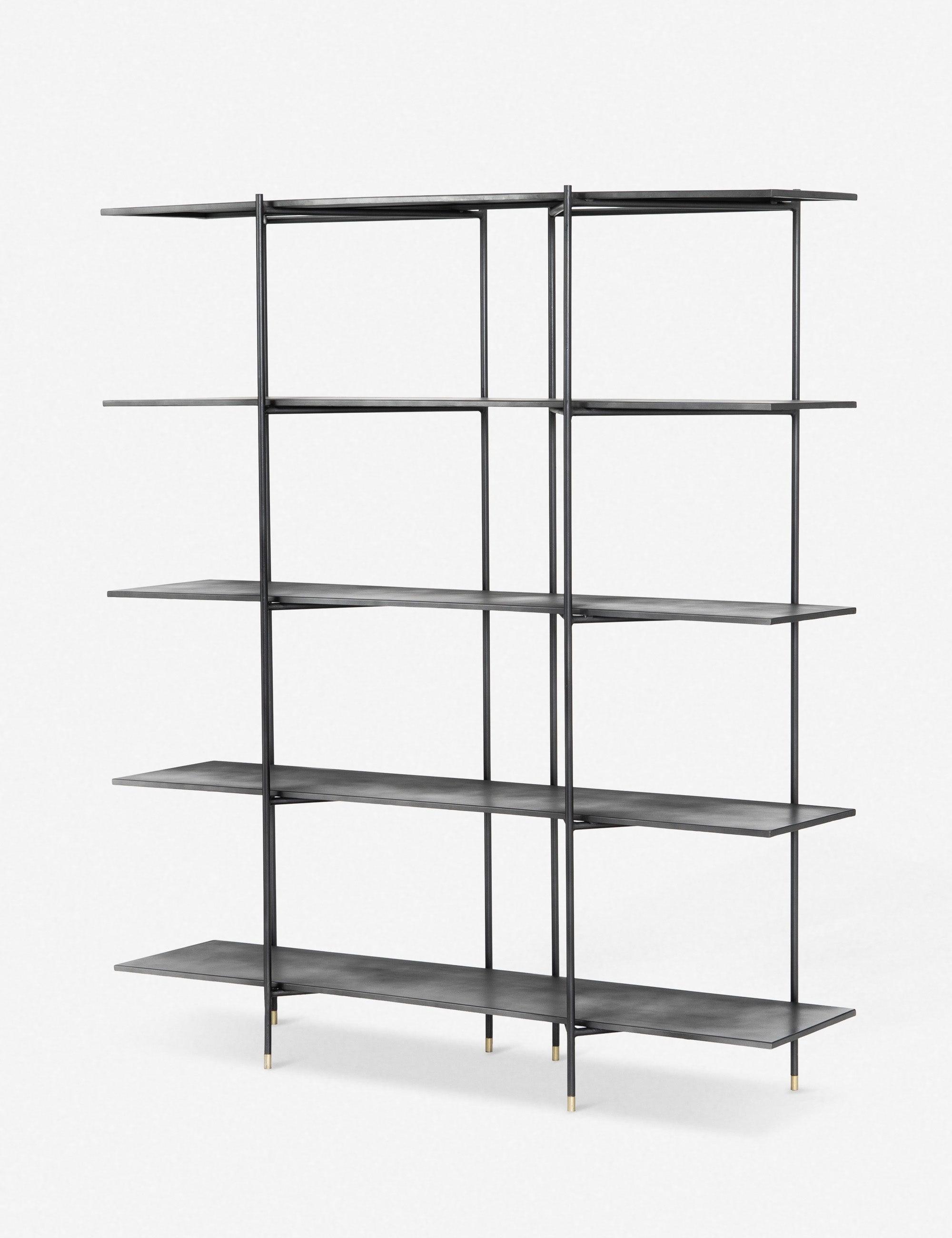 Cait Wide Industrial Black Iron Etagere Bookcase with Brass Accents