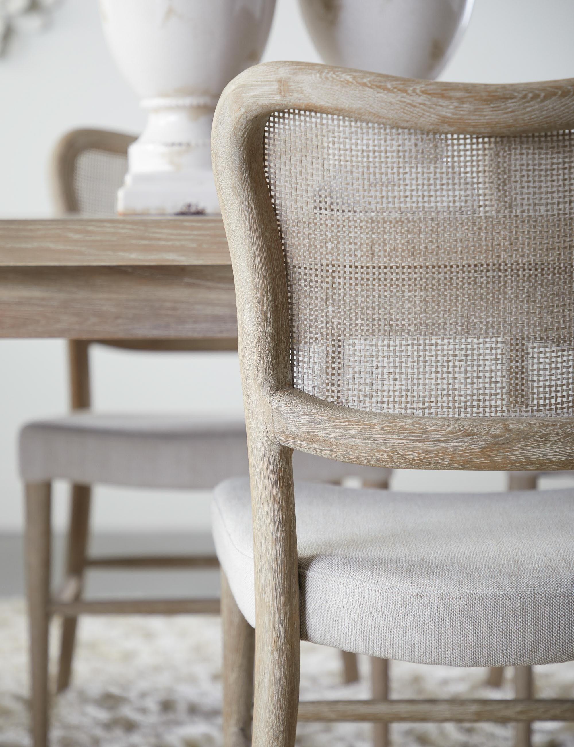 Cela Transitional White Linen & Cane Upholstered Side Chair