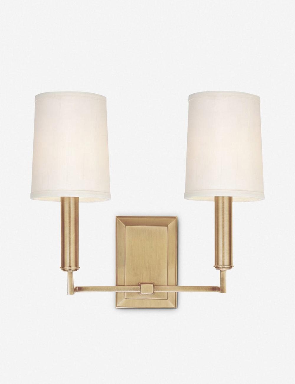 Charlie Dual-Arm Aged Brass Sconce with Off-White Parchment Shades