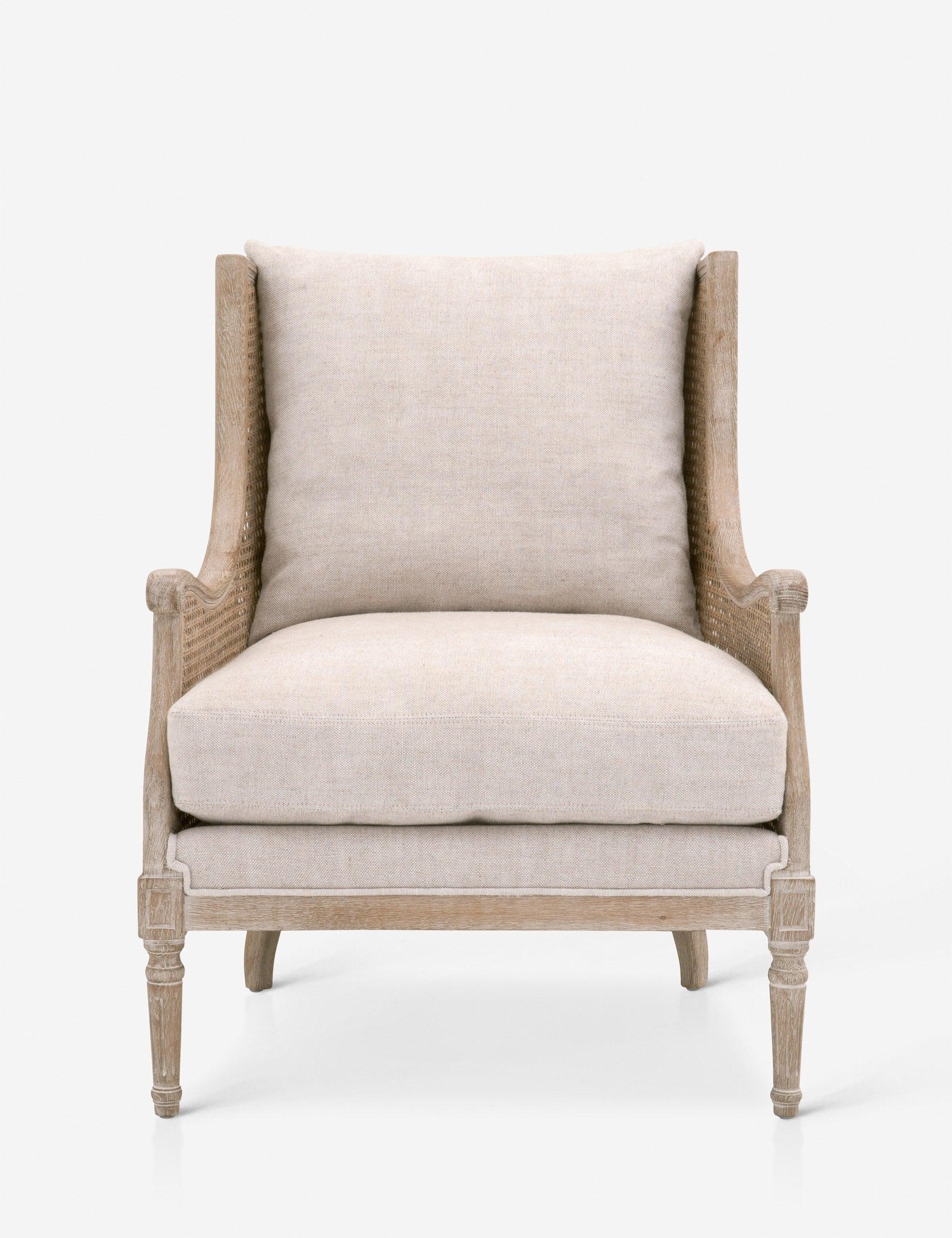 Transitional Gray Velvet & Wood Club Chair with Rattan Accents