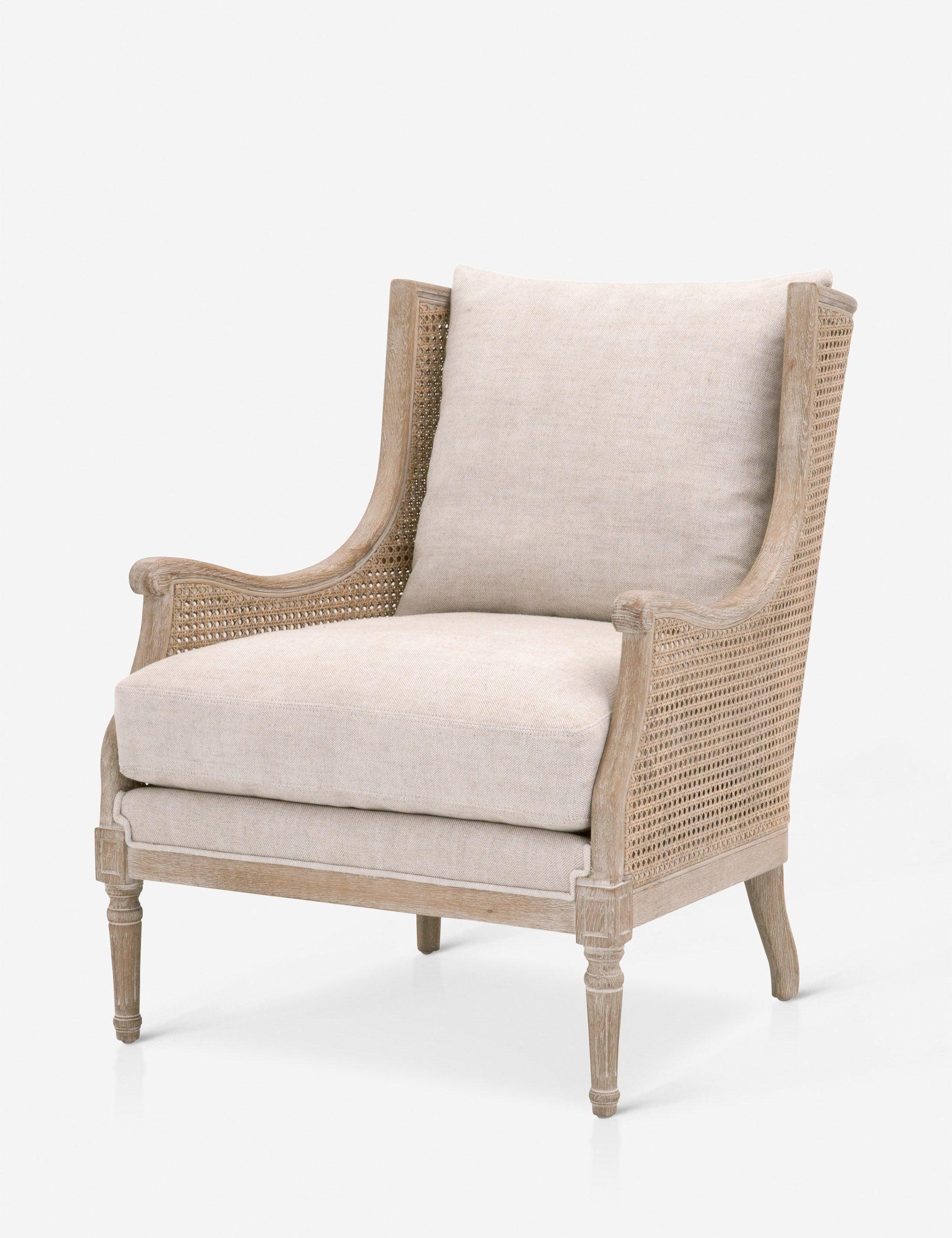 Transitional Gray Velvet & Wood Club Chair with Rattan Accents