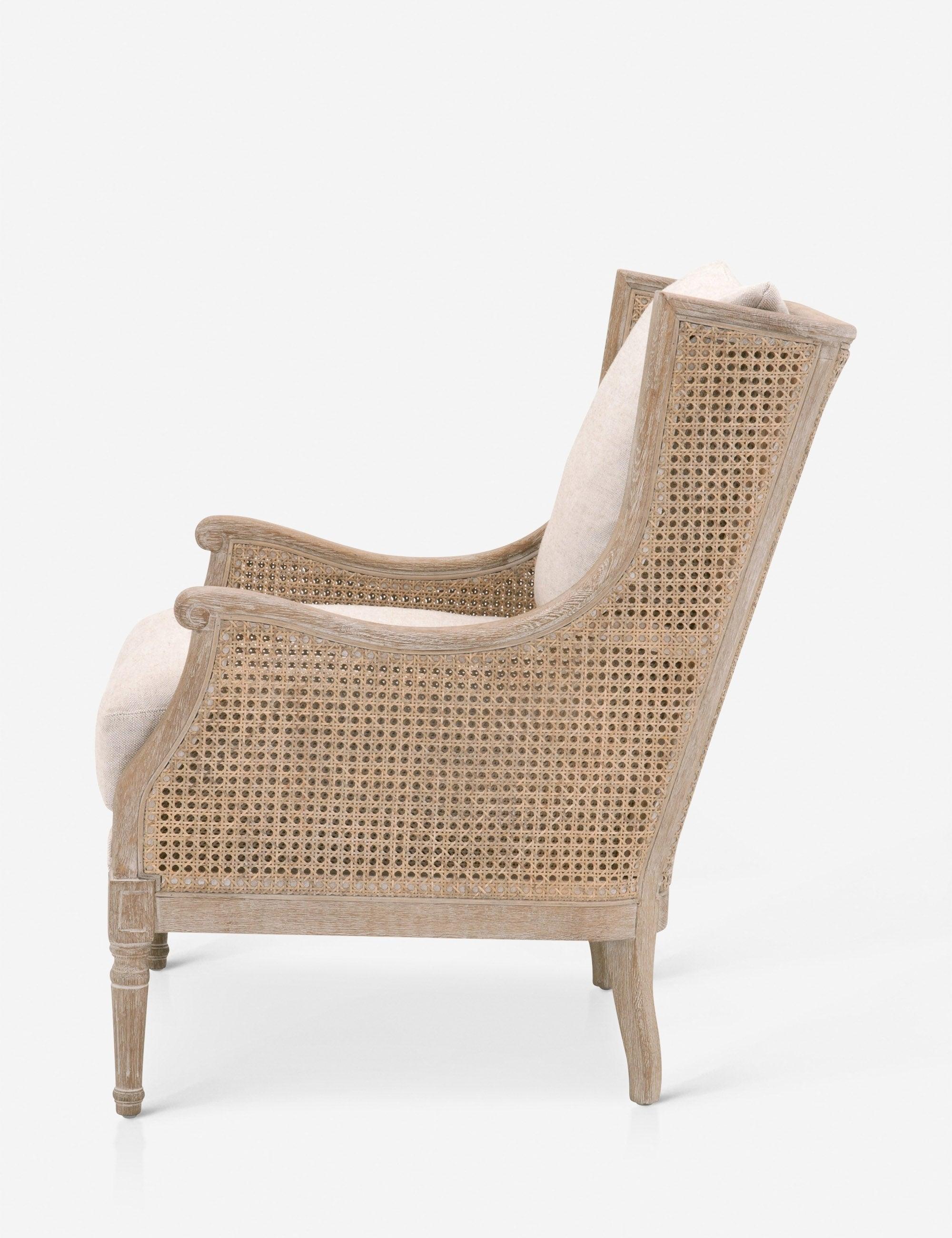 Transitional Gray Velvet & Wood Club Chair with Rattan Accents