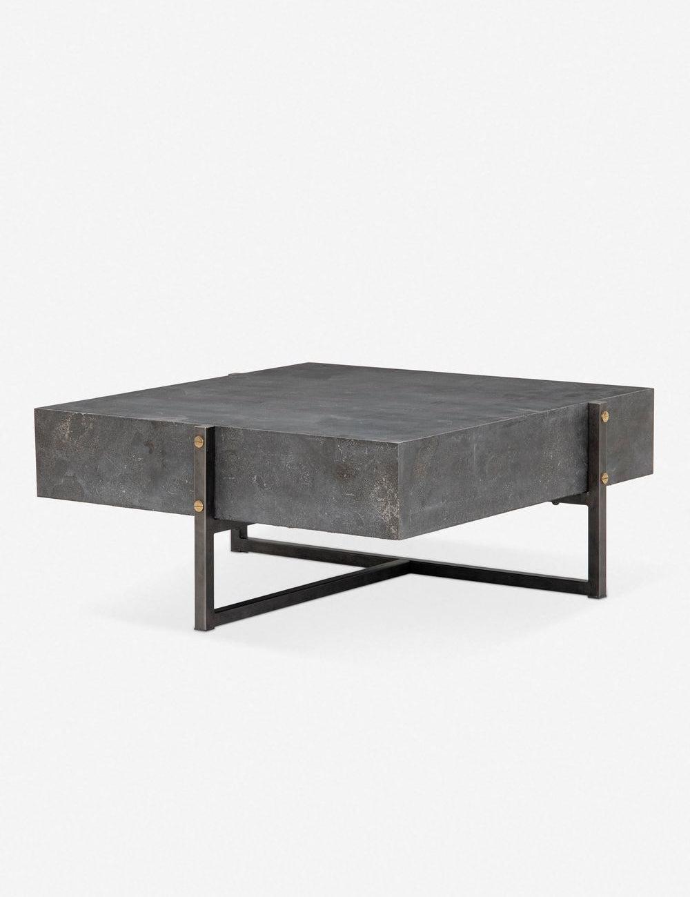 Modern Bluestone Veneer Square Coffee Table with Black Iron Frame