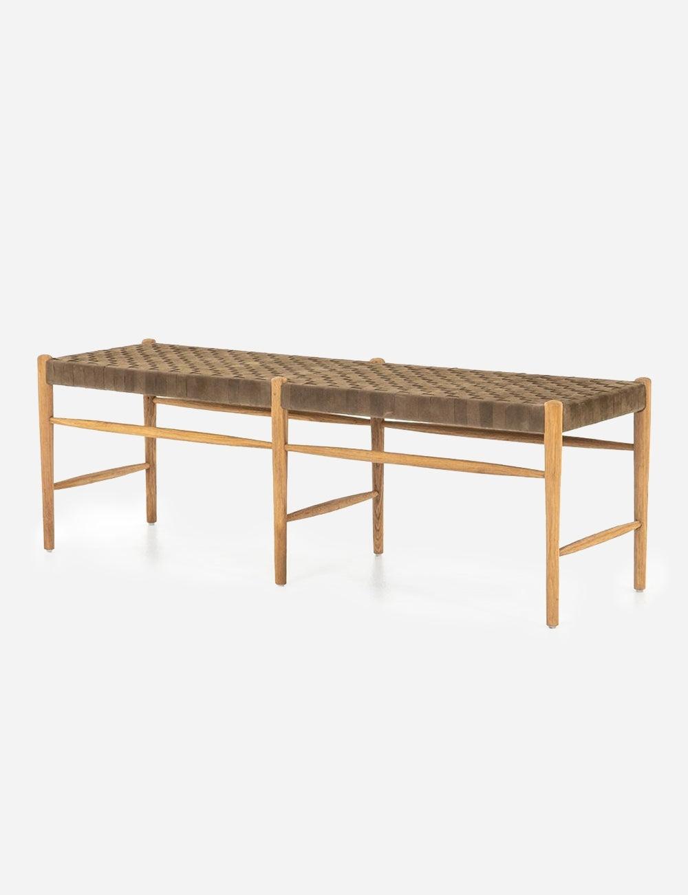 Modern Oak and Woven Leather Bench, 57" Brown