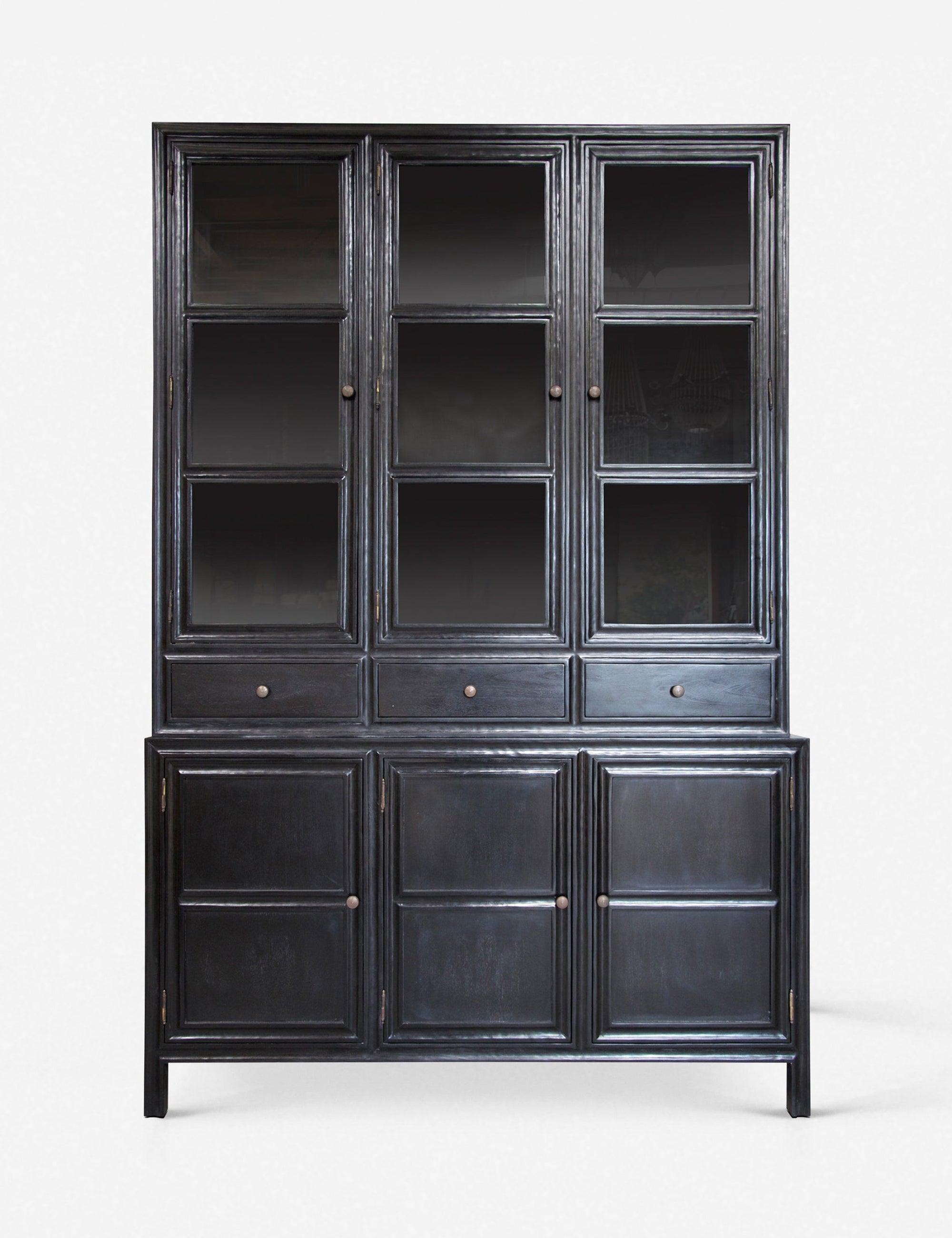 Colonial Bevel 90'' Hand-Rubbed Black Lighted Mahogany Hutch