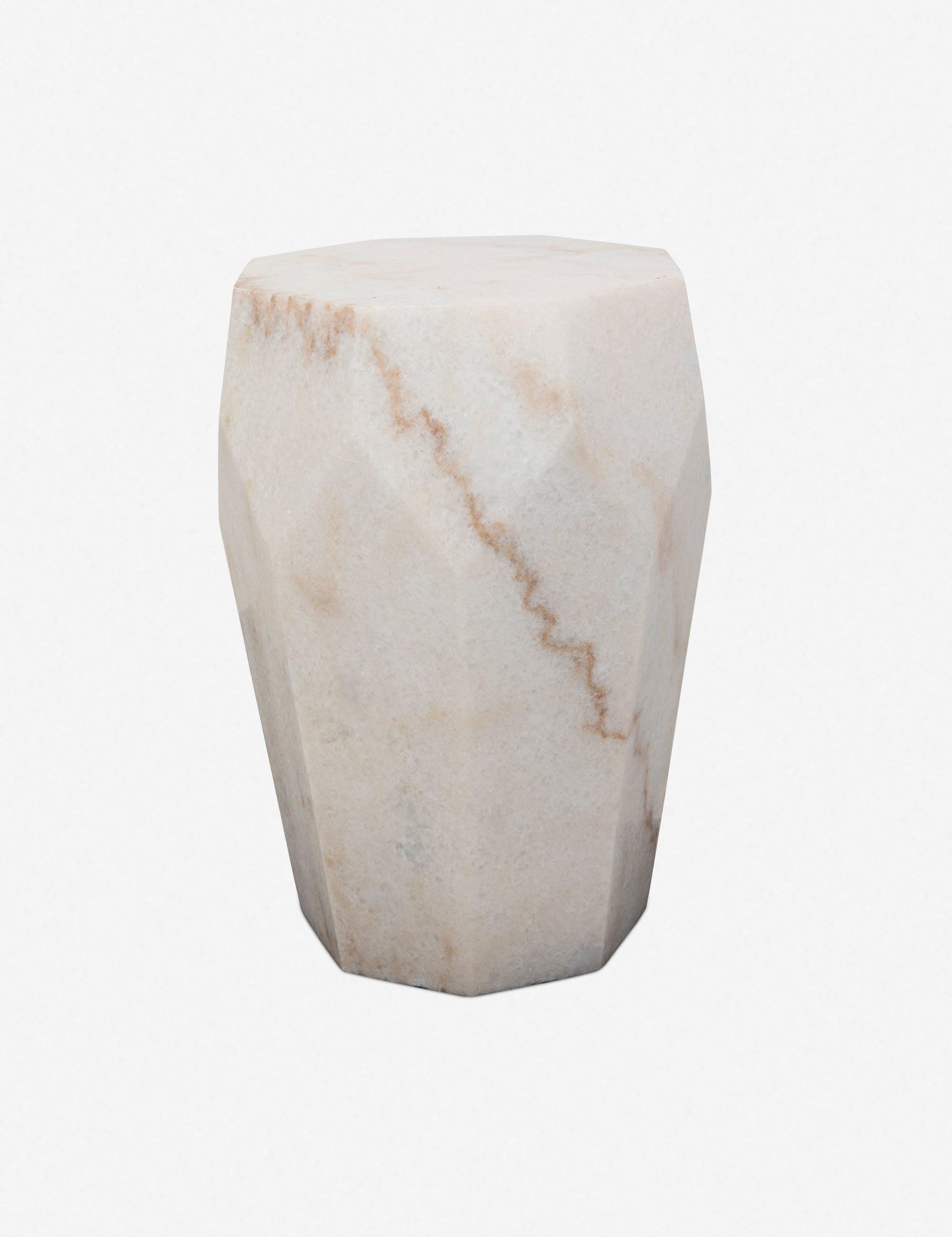 Monolith Faceted White Stone and Wood Drum Side Table