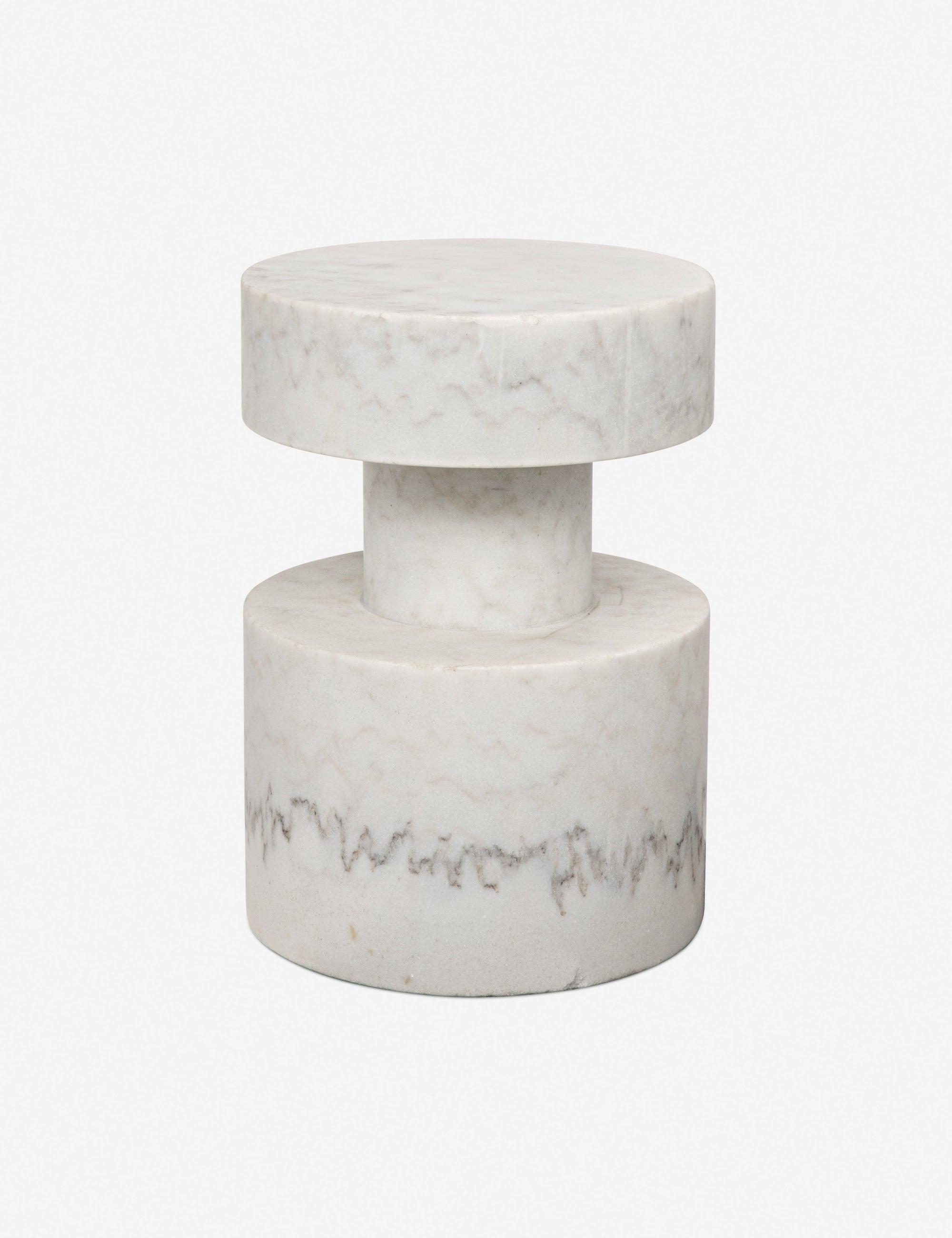 Cylindrical White Stone and Wood Modern Accent Table
