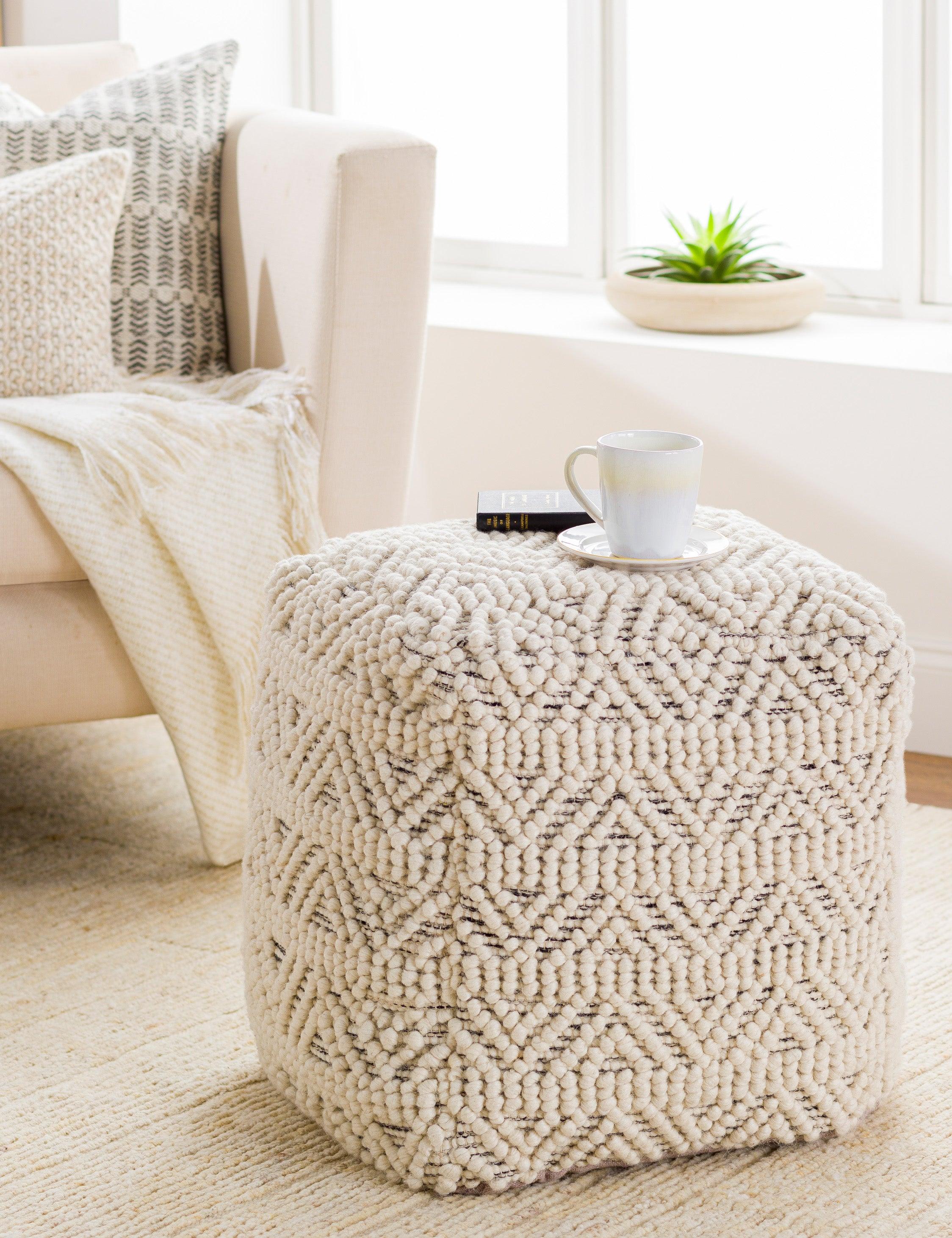 Courtney Textural Geometric Cream & Black Square Pouf