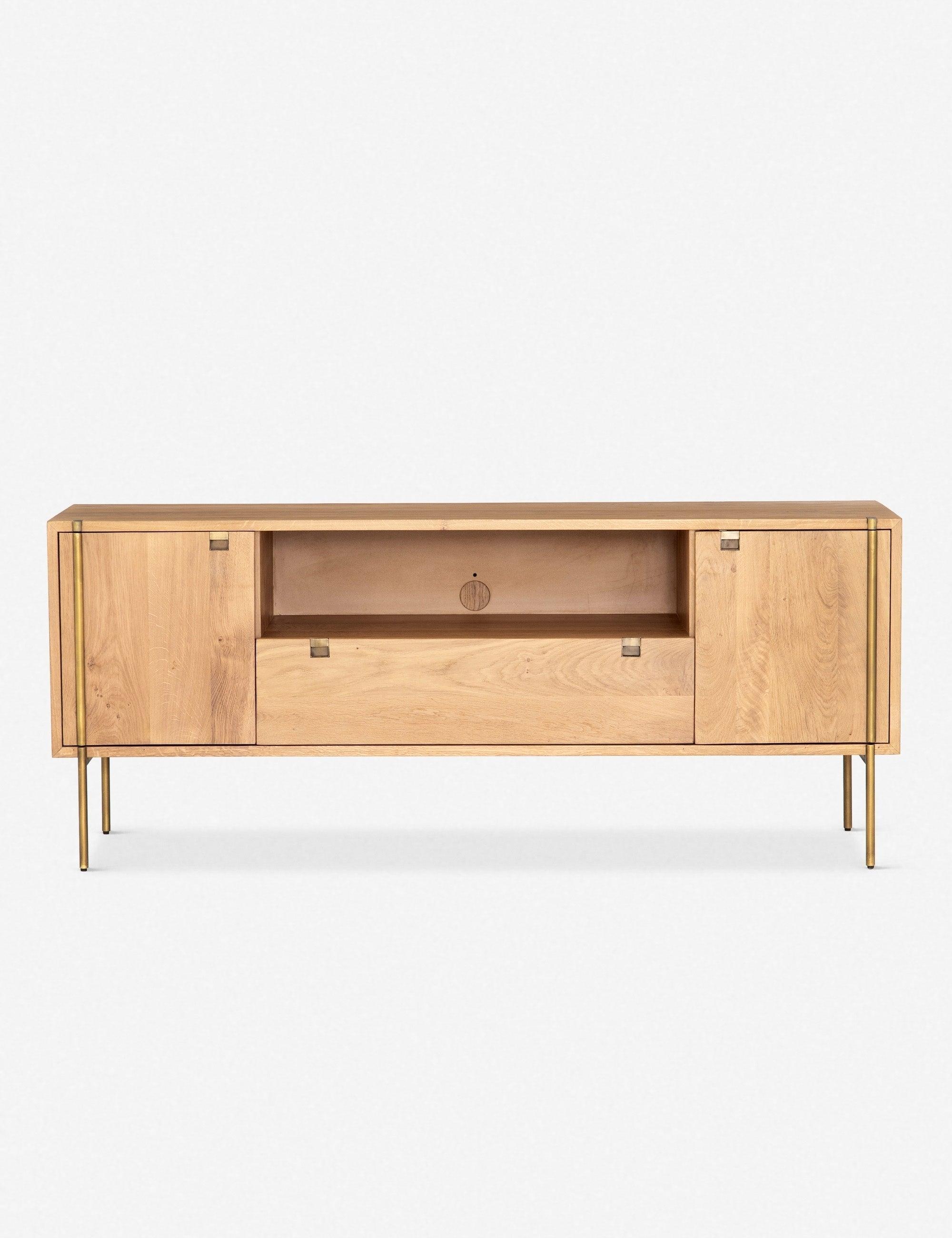 Contemporary Brown Oak 68'' Media Console with Brass Accents