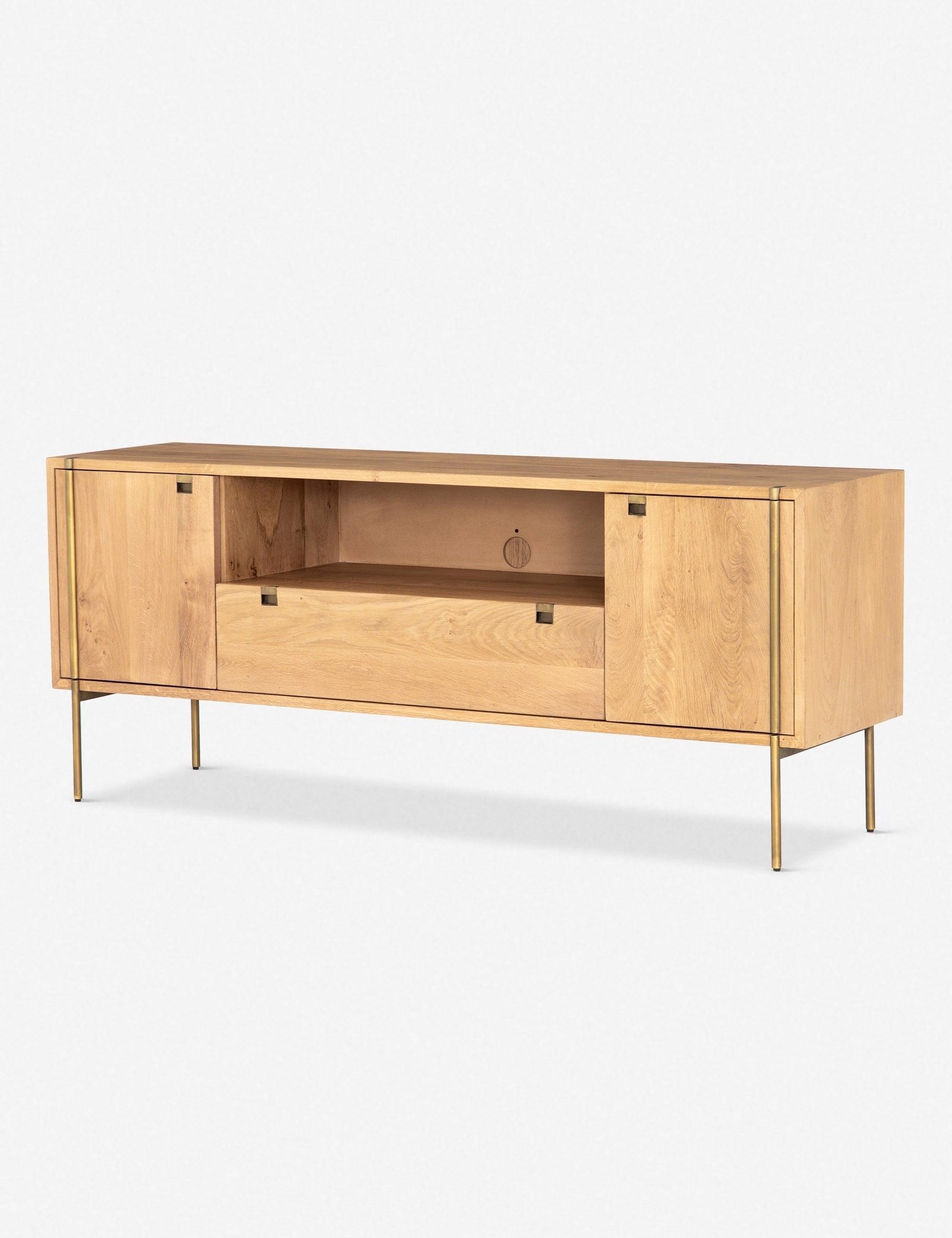 Contemporary Brown Oak 68'' Media Console with Brass Accents