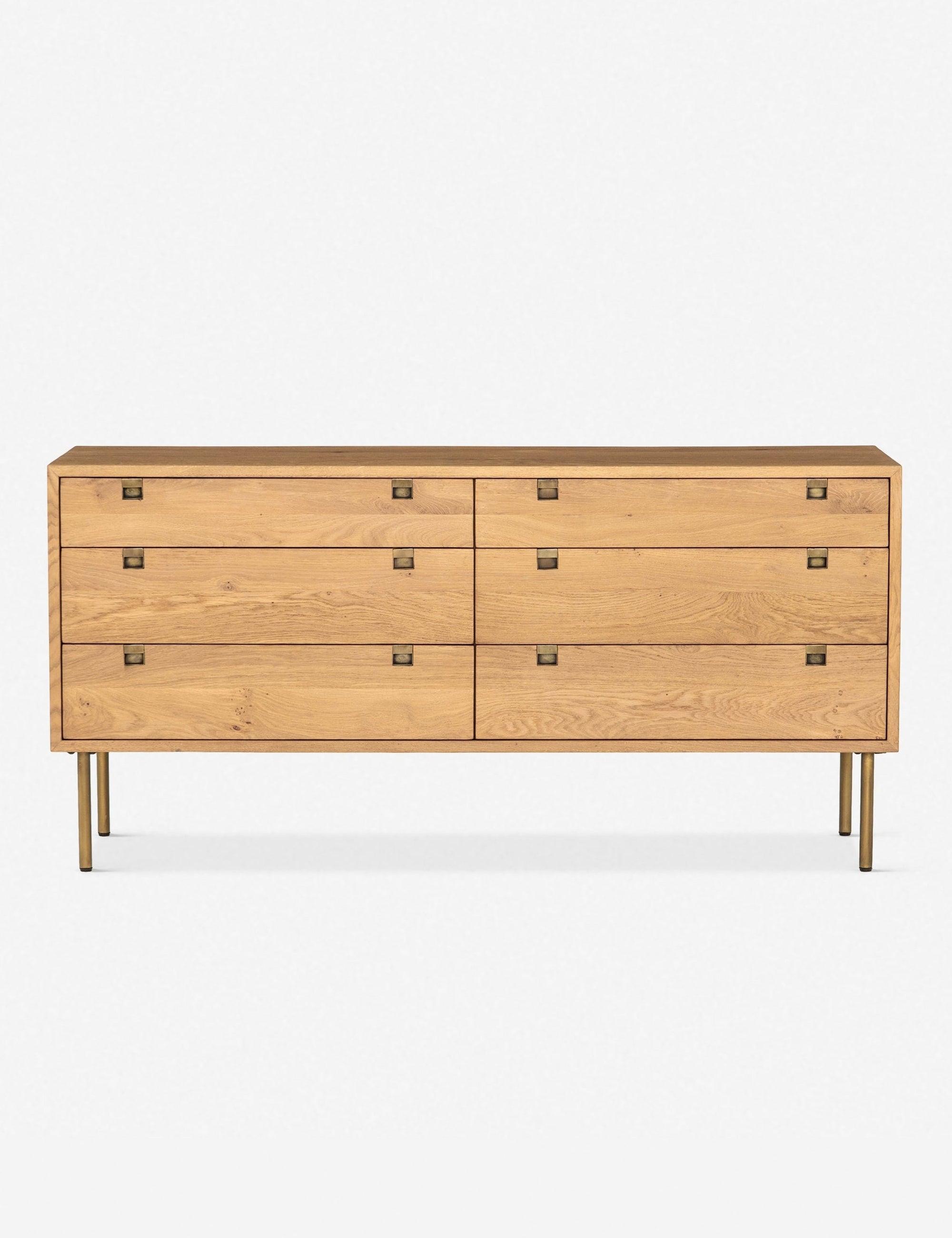 Contemporary Karma 6-Drawer Brown Oak Dresser with Brass Legs