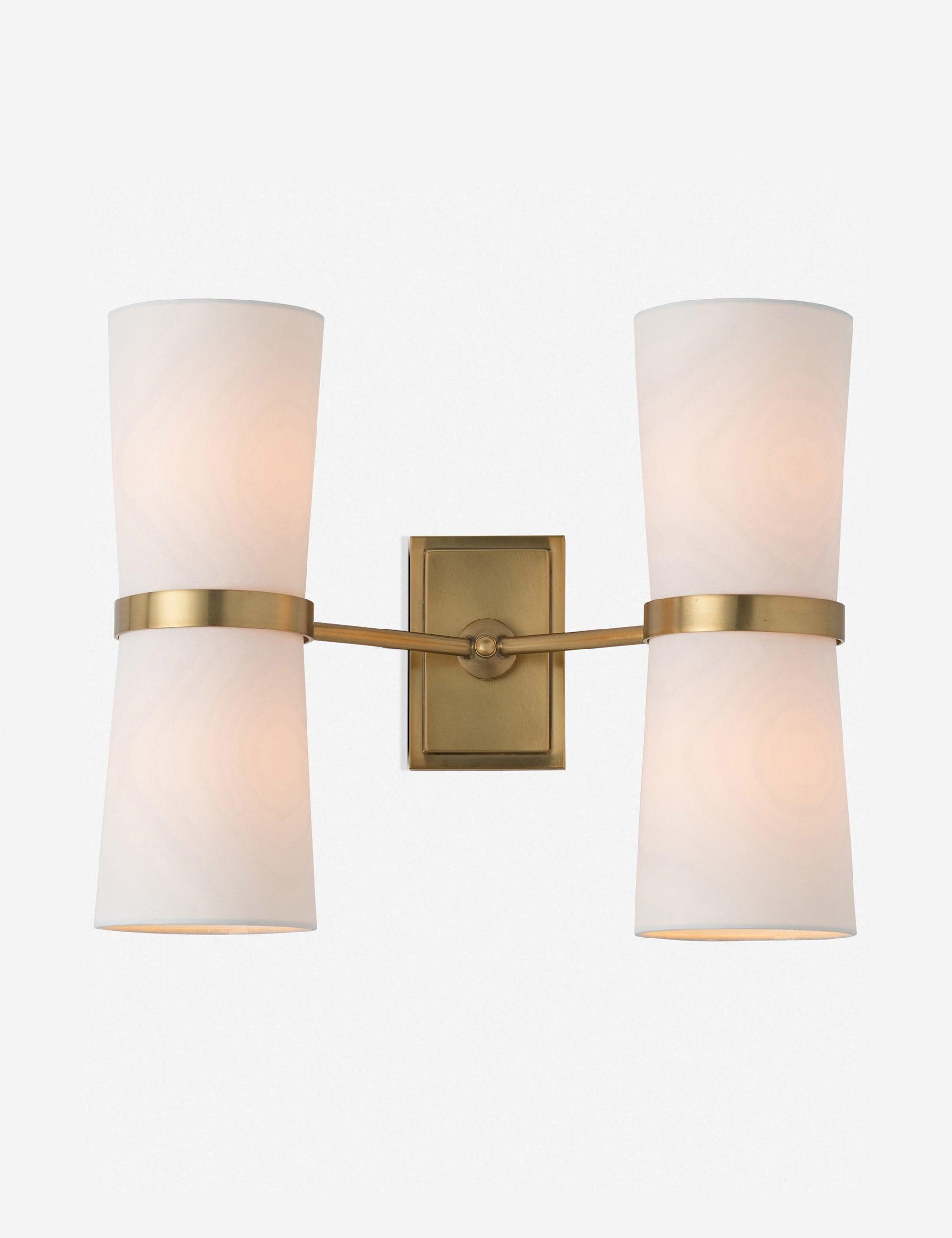 Inwood Antique Brass 15" Wall Sconce with Off-White Linen Shades