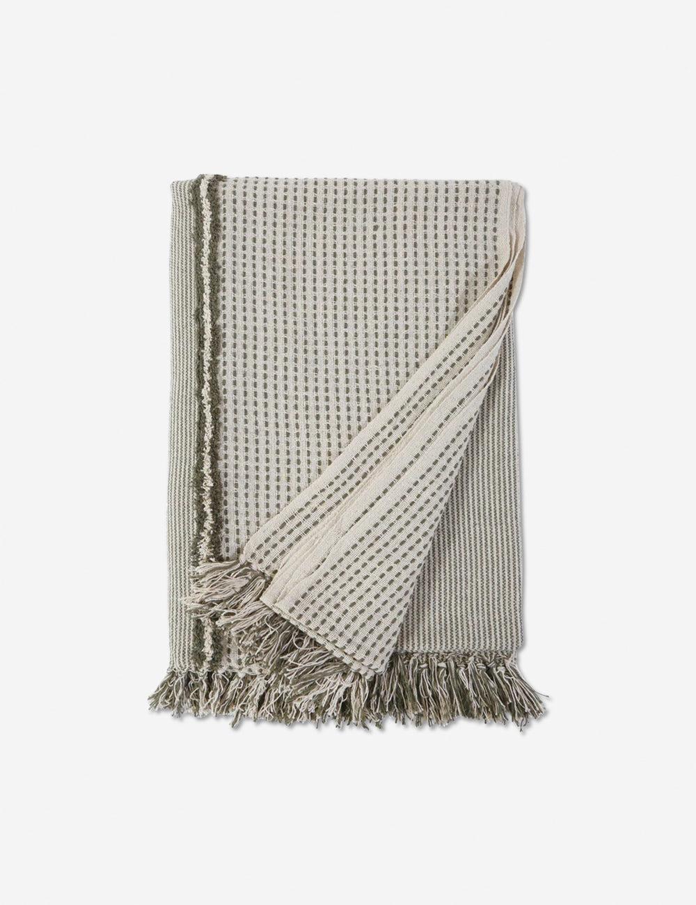 Ivory Moss Striped Cotton Oversized Throw with Tasseled Ends