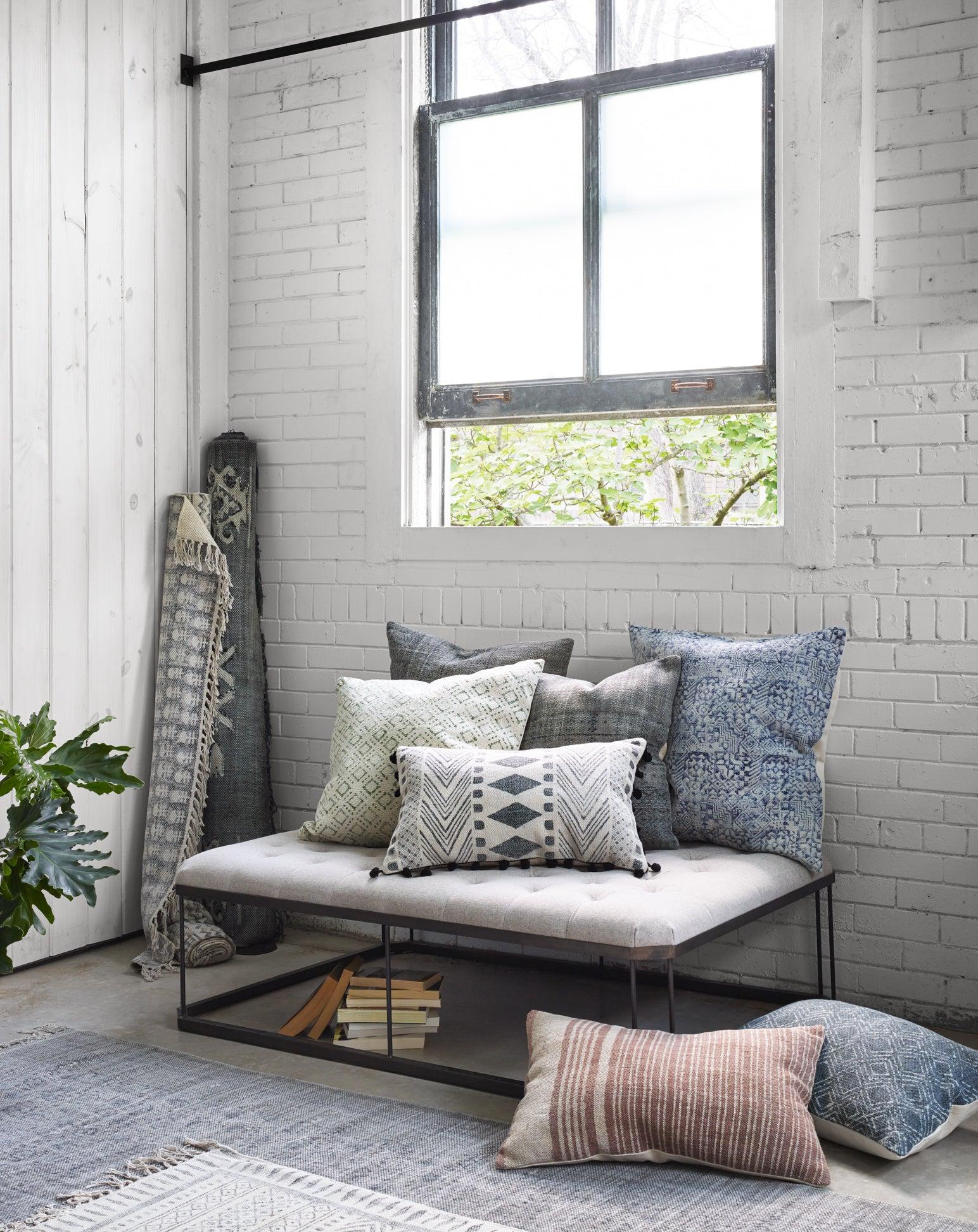 Karley Diamond-Tufted Polyester Ottoman in Cool Gray