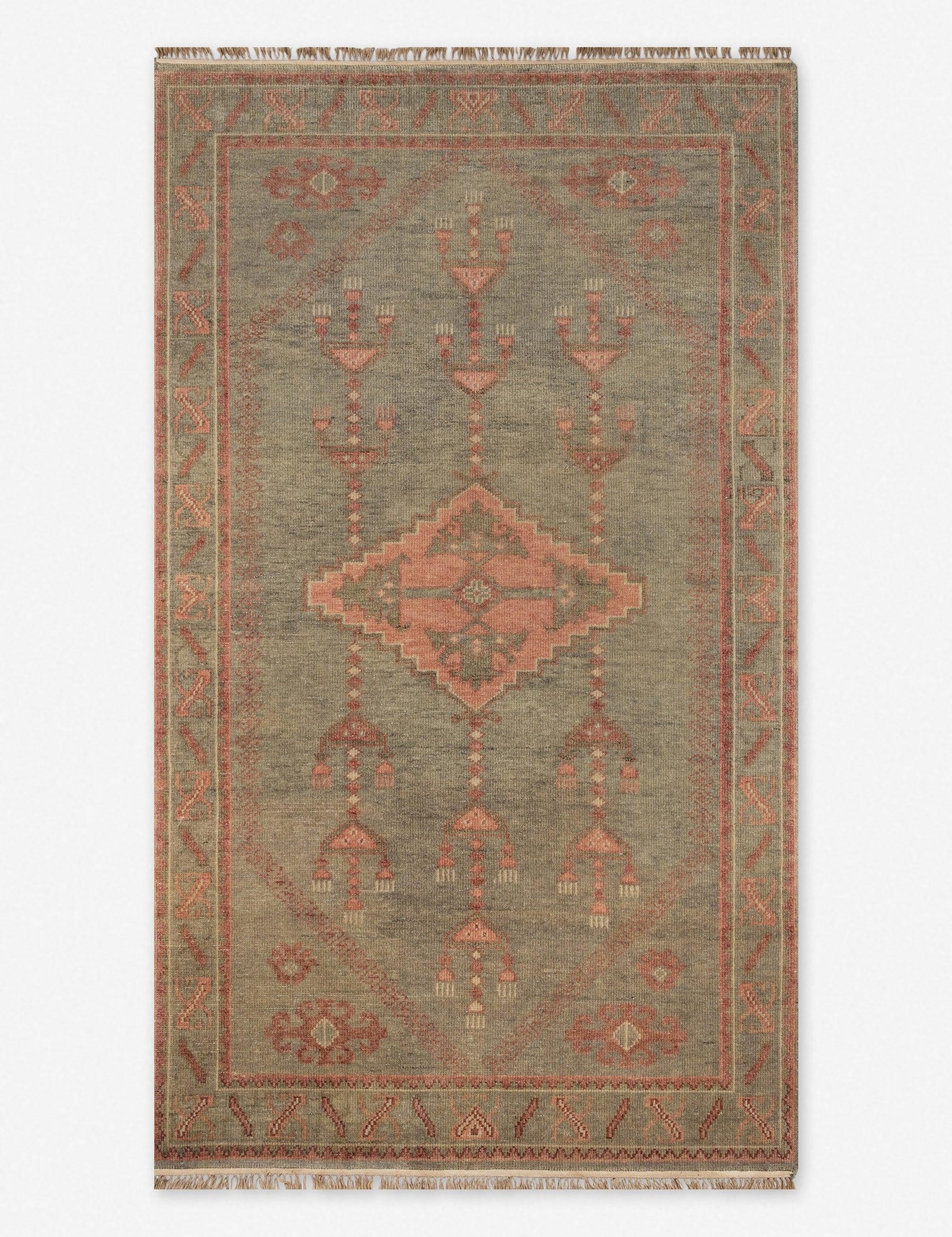 Olive Hand-Knotted Wool Floral Area Rug with Fringe