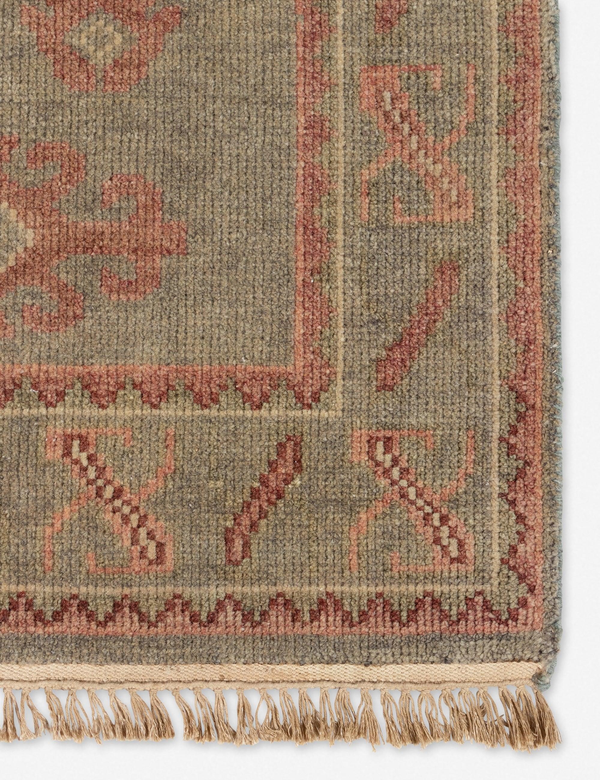 Olive Hand-Knotted Wool Floral Area Rug with Fringe