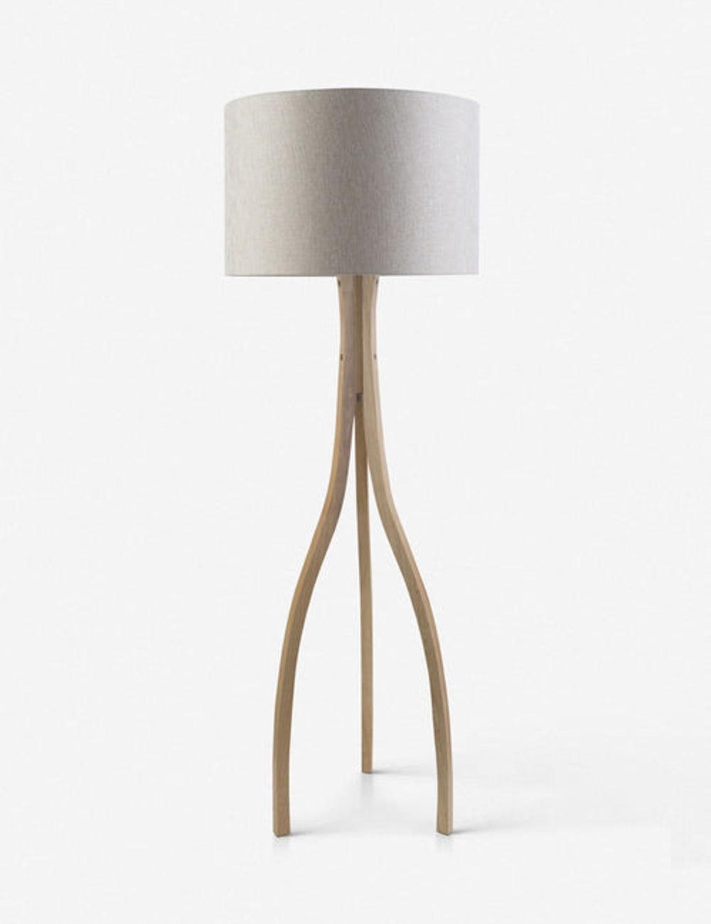 Beige Curved Tripod Floor Lamp with Linen Drum Shade