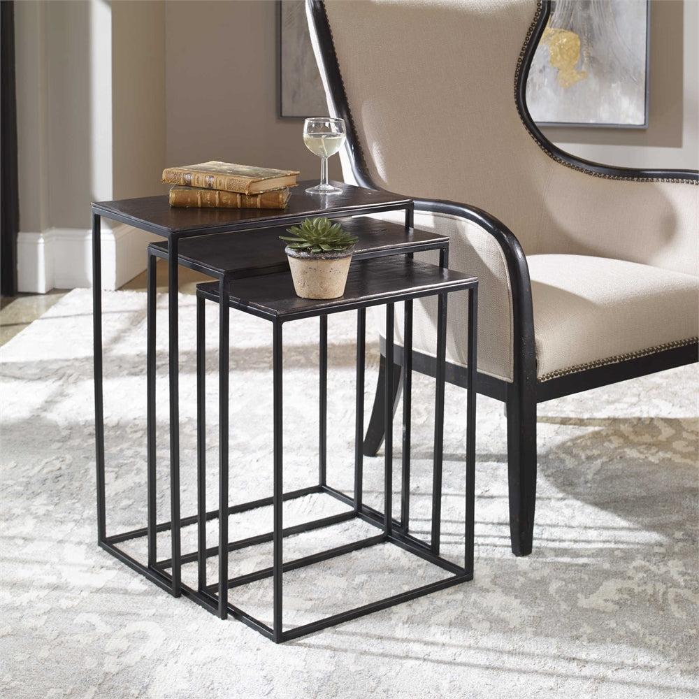 Coreene Contemporary Black & Brown Iron Nesting Tables (Set of 3)