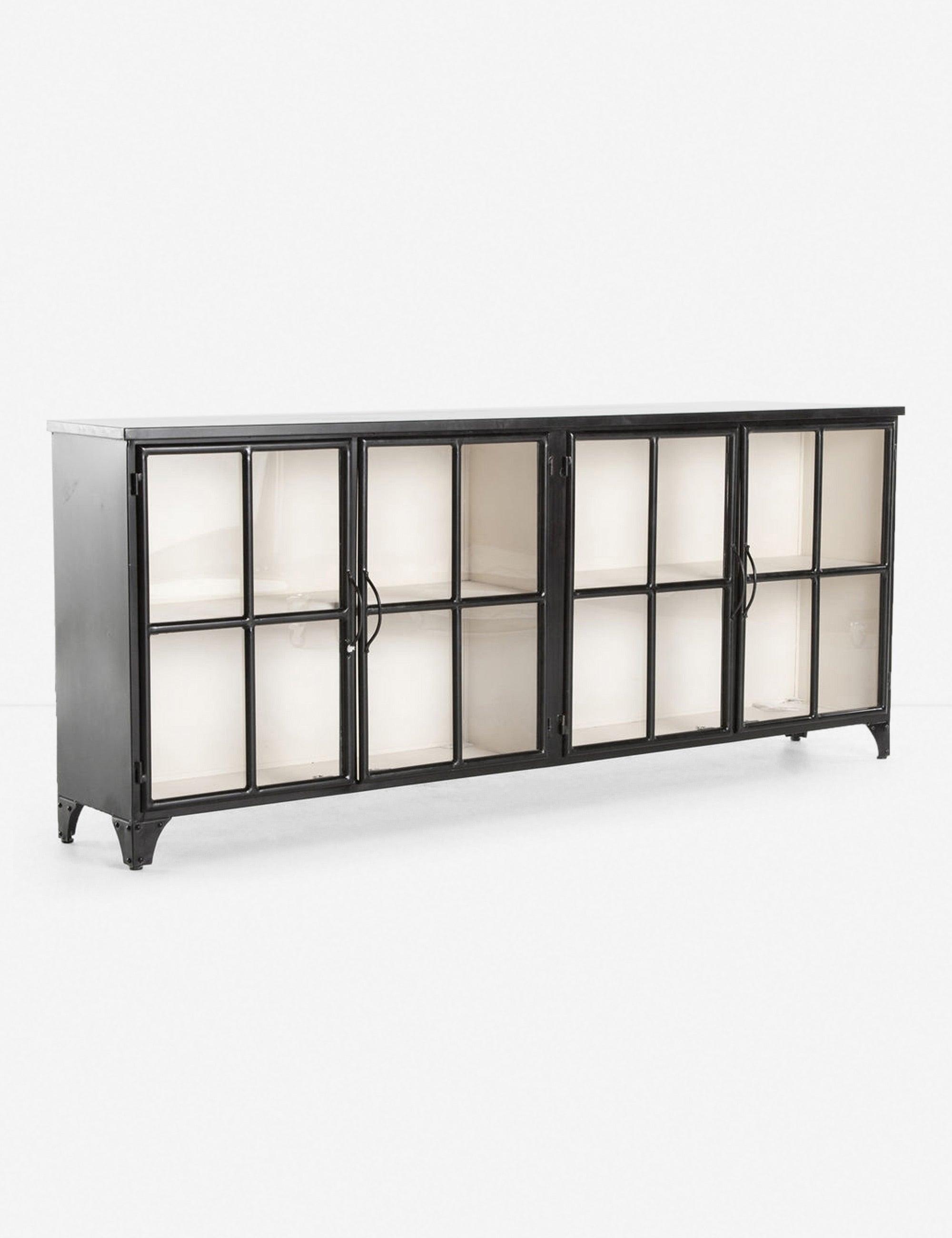 Marjorie 94.5" Black Iron and White Glass Industrial Sideboard