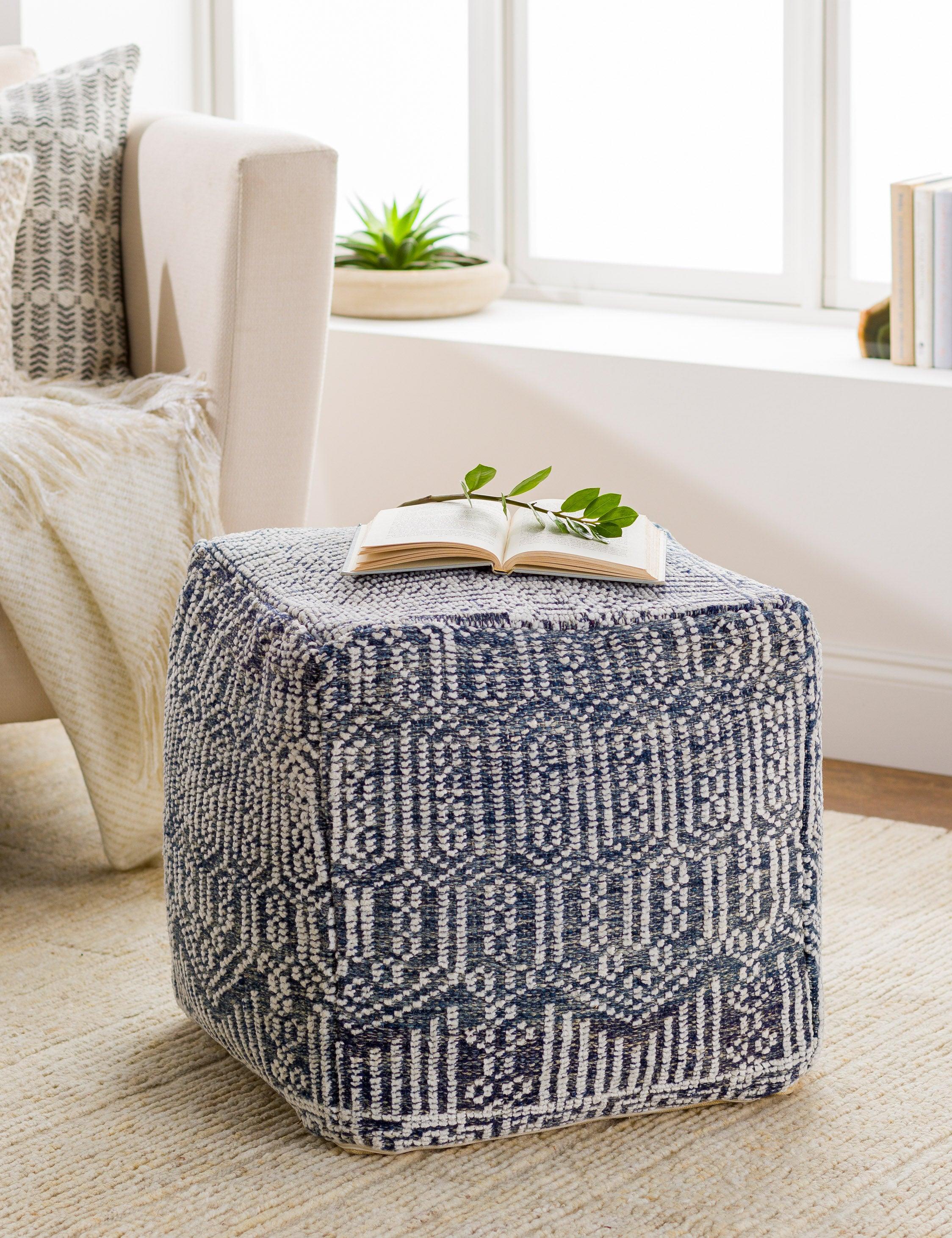 Vintage Charm Hand-Knotted Square Pouf in Earthy Tones