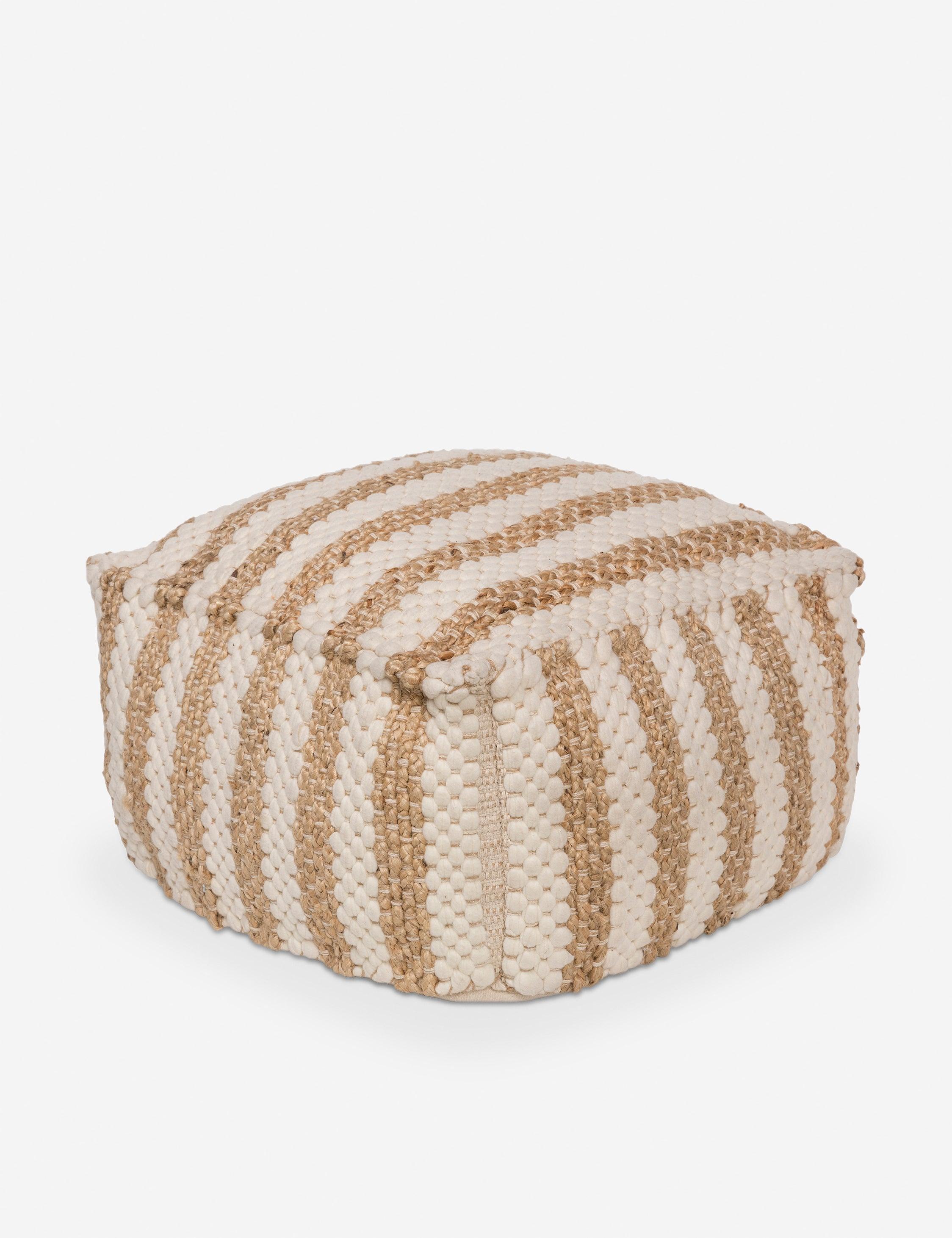 Oak Cove Khaki and White Striped Jute-Cotton Pouf